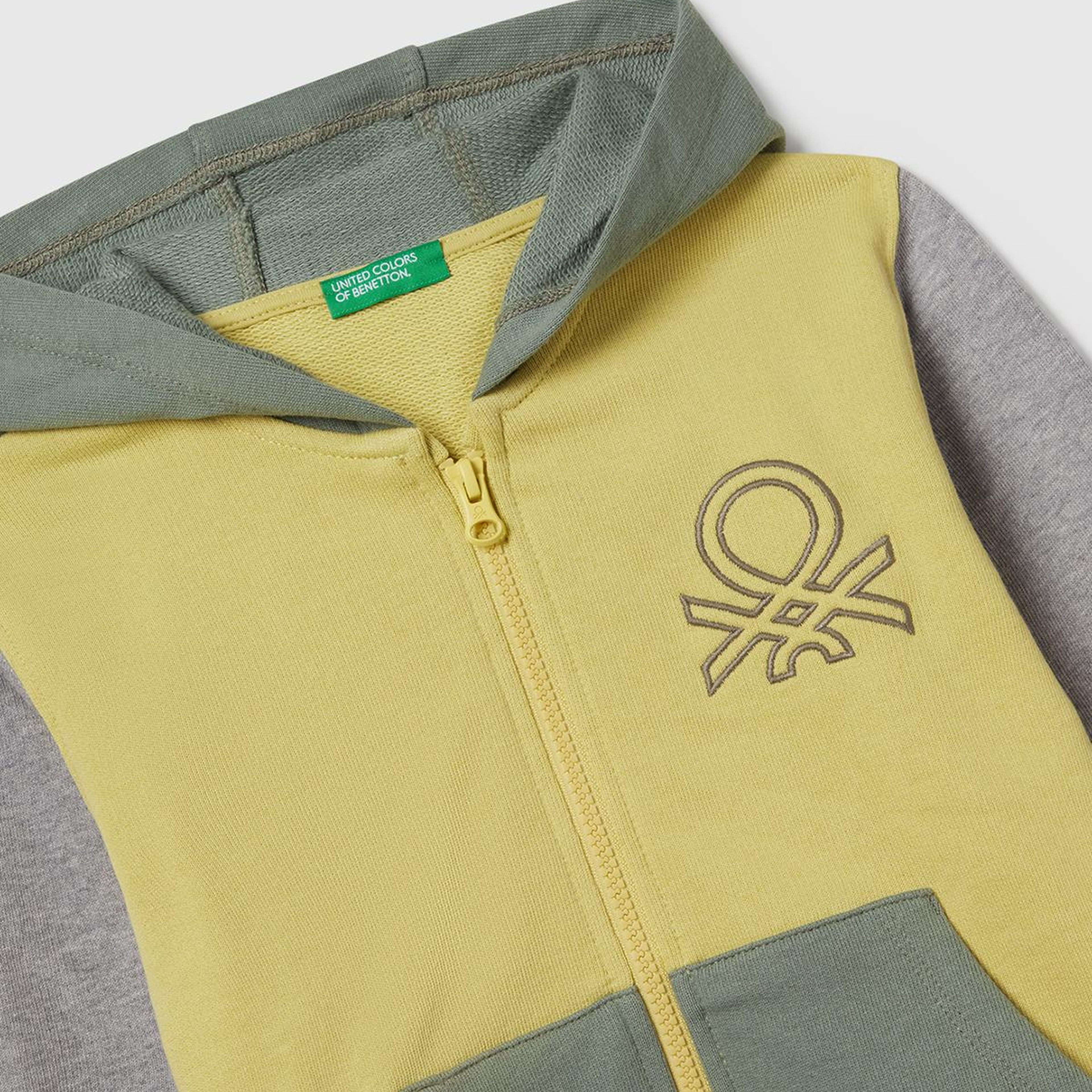 Erkek Çocuk Sarı-Gri Önü Logo Baskılı Fermuarlı Kapüşonlu Sweatshirt