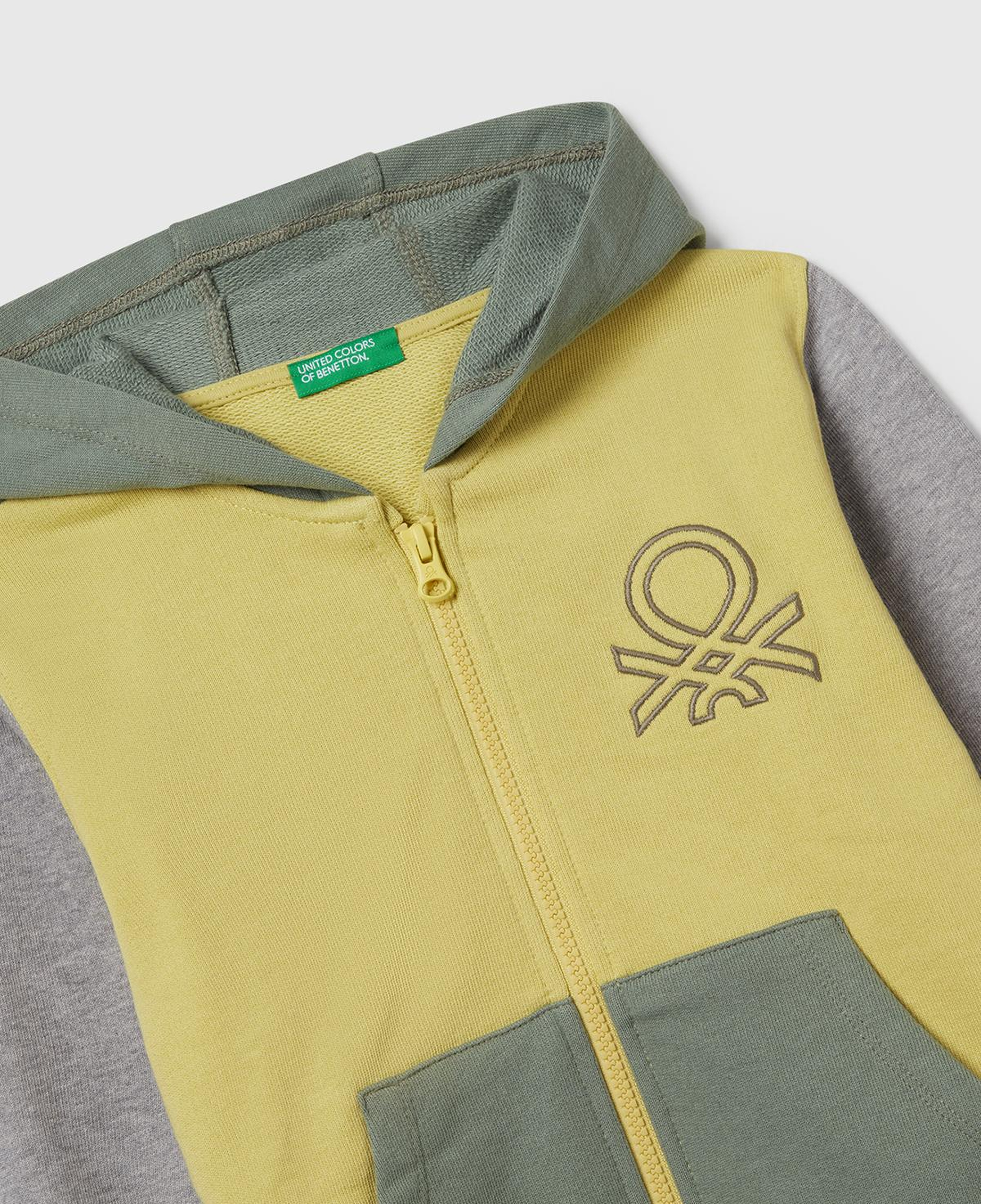Erkek Çocuk Sarı-Gri Önü Logo Baskılı Fermuarlı Kapüşonlu Sweatshirt