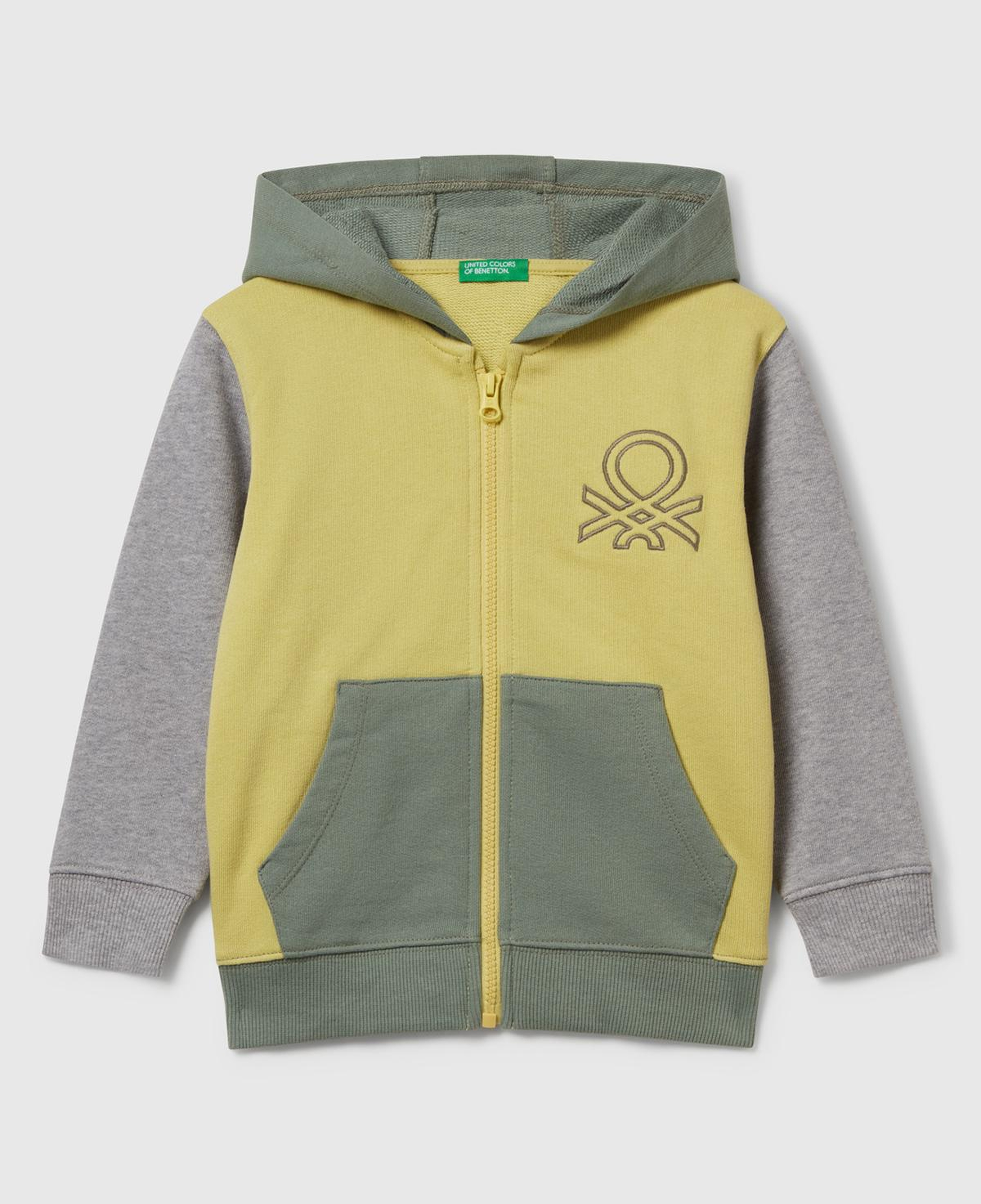 Erkek Çocuk Sarı-Gri Önü Logo Baskılı Fermuarlı Kapüşonlu Sweatshirt