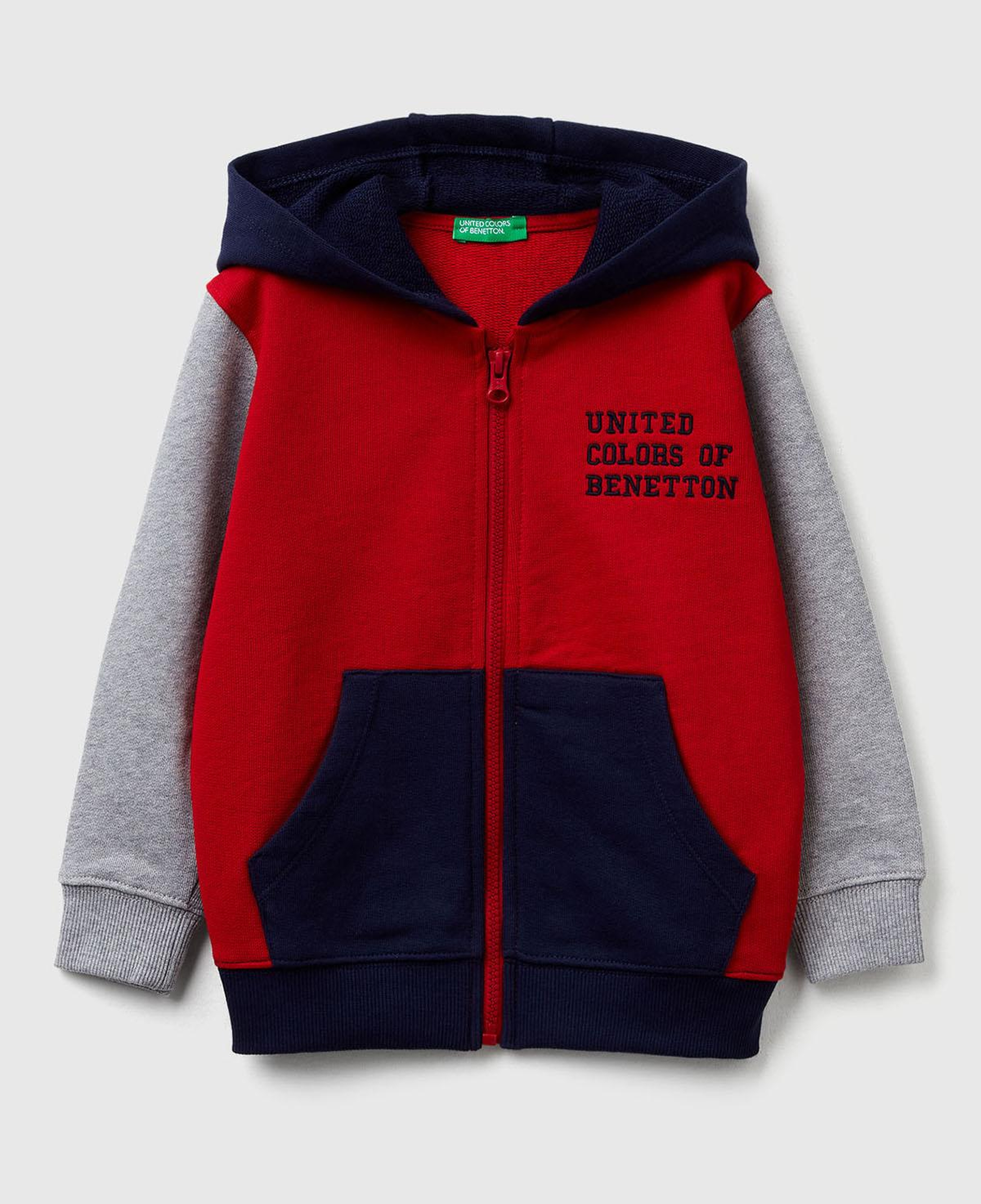 Erkek Çocuk Kırmızı-Gri Önü Logo Baskılı Fermuarlı Kapüşonlu Sweatshirt