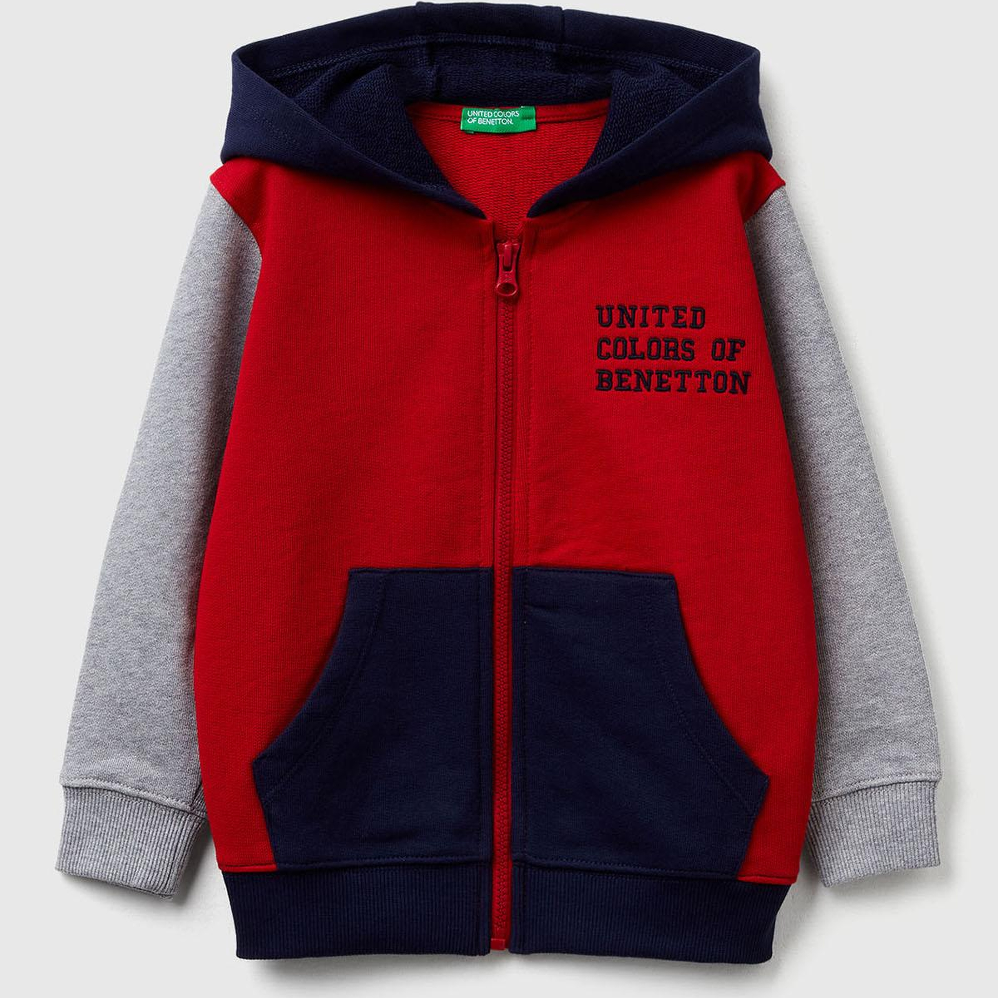 Erkek Çocuk Kırmızı-Gri Önü Logo Baskılı Fermuarlı Kapüşonlu Sweatshirt