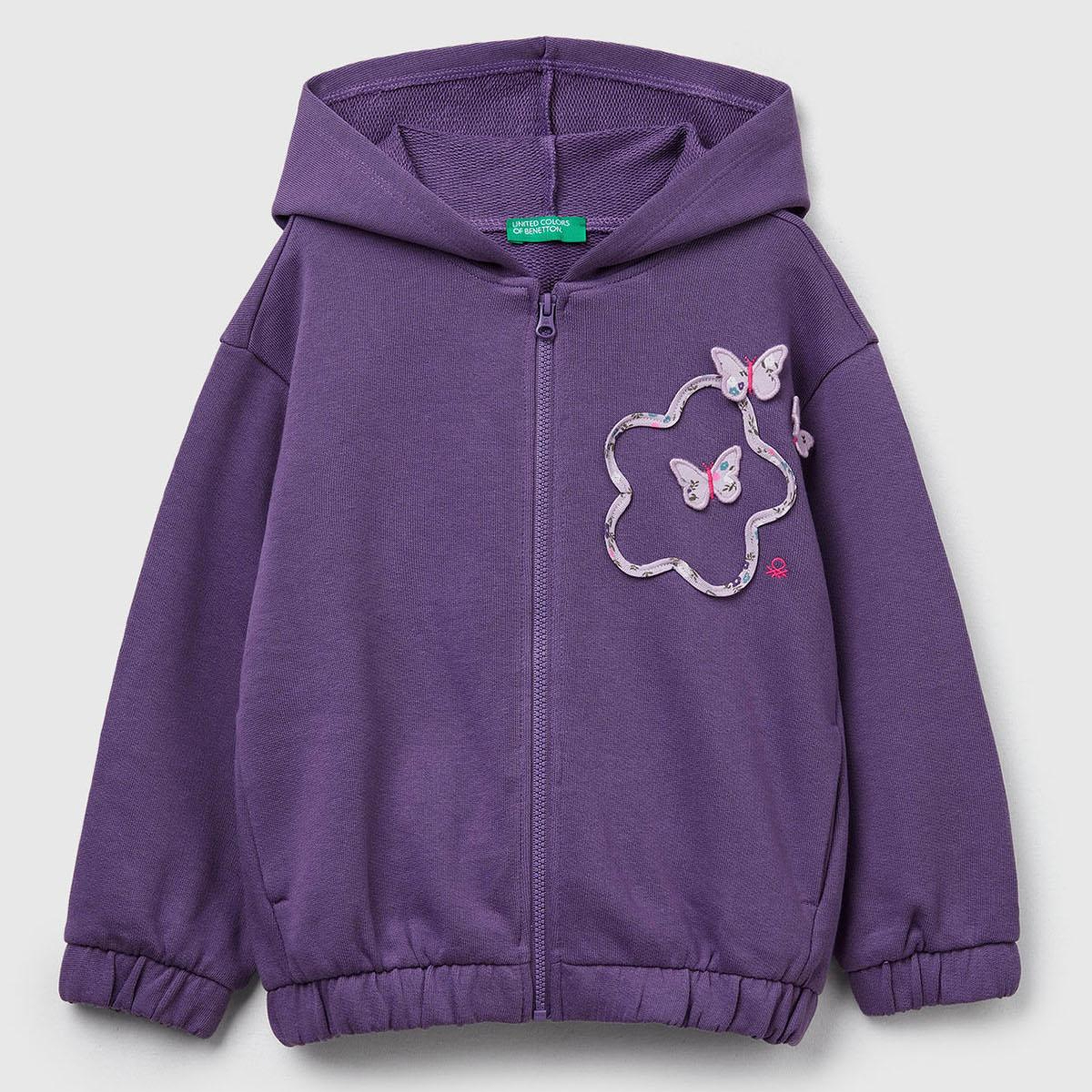 Kız Çocuk Mor Önü Aplikeli Fermuarlı Yan Cepli Kapüşonlu Sweatshirt