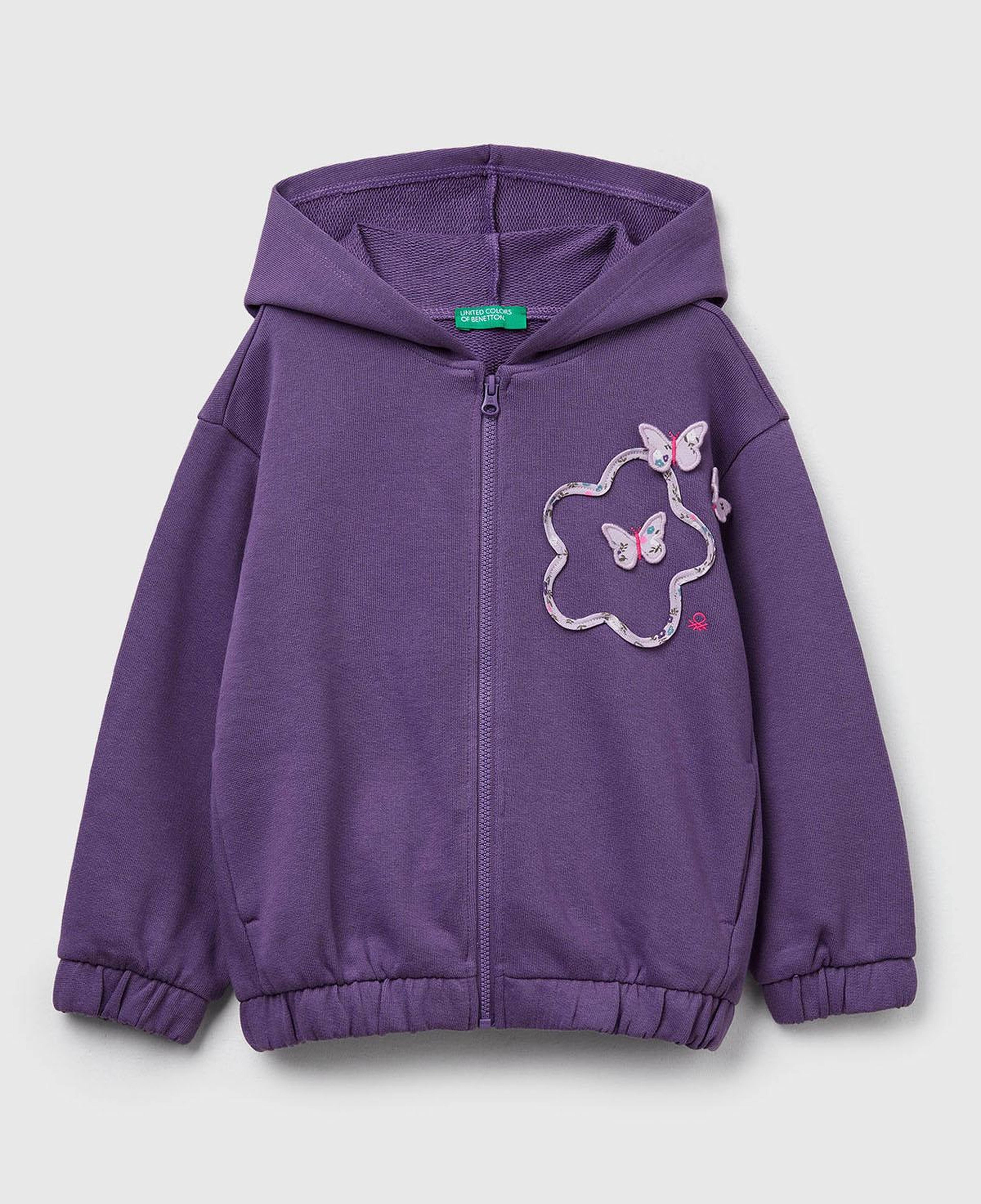 Kız Çocuk Mor Önü Aplikeli Fermuarlı Yan Cepli Kapüşonlu Sweatshirt