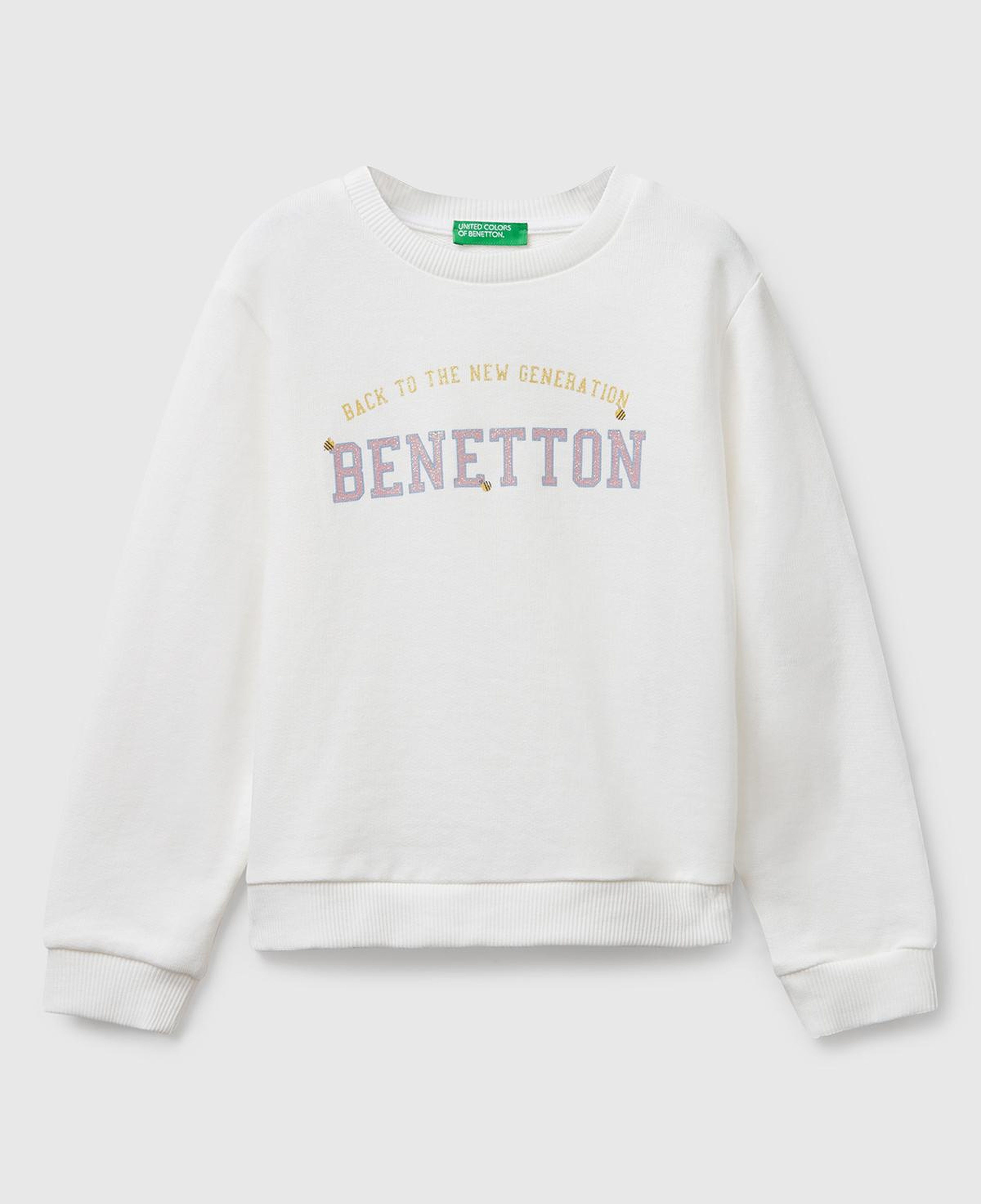 Kız Çocuk Ekru Önü Simli Logo Baskılı Nervürlü Regular Fit Sweatshirt