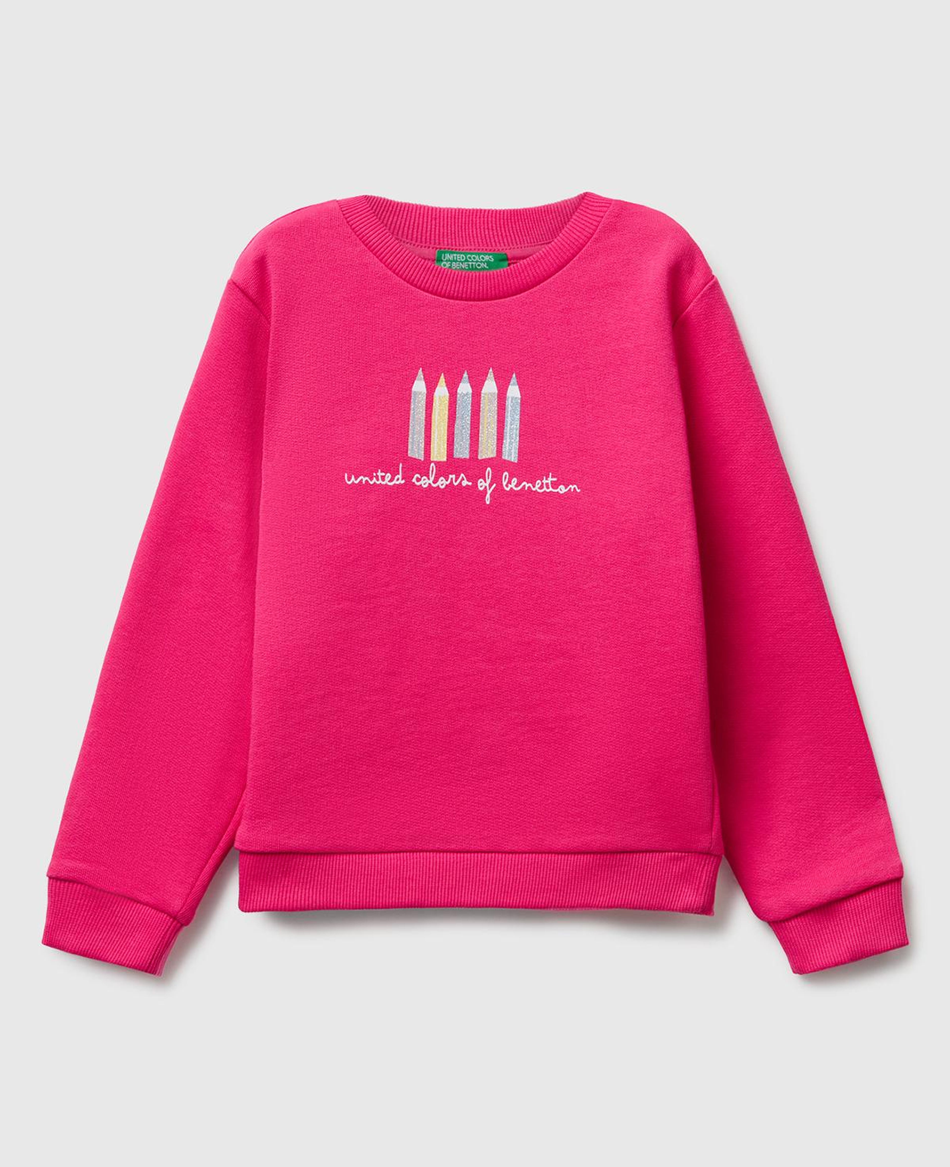 Kız Çocuk Pembe Önü Simli Logo Baskılı Nervürlü Regular Fit Sweatshirt