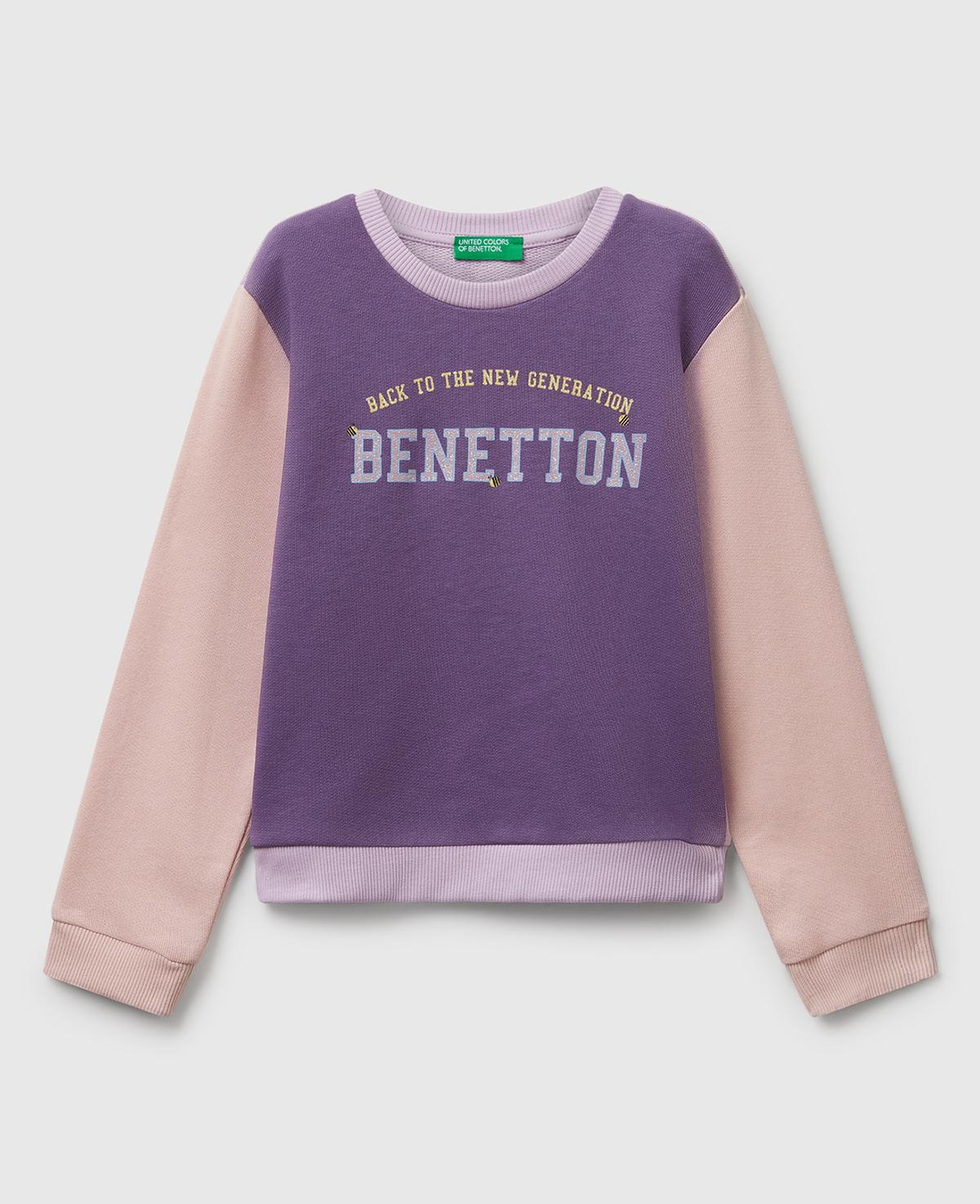 Kız Çocuk Lila-Fuşya-Bej Önü Simli Logo Baskılı Nervürlü Regular Fit Sweatshirt