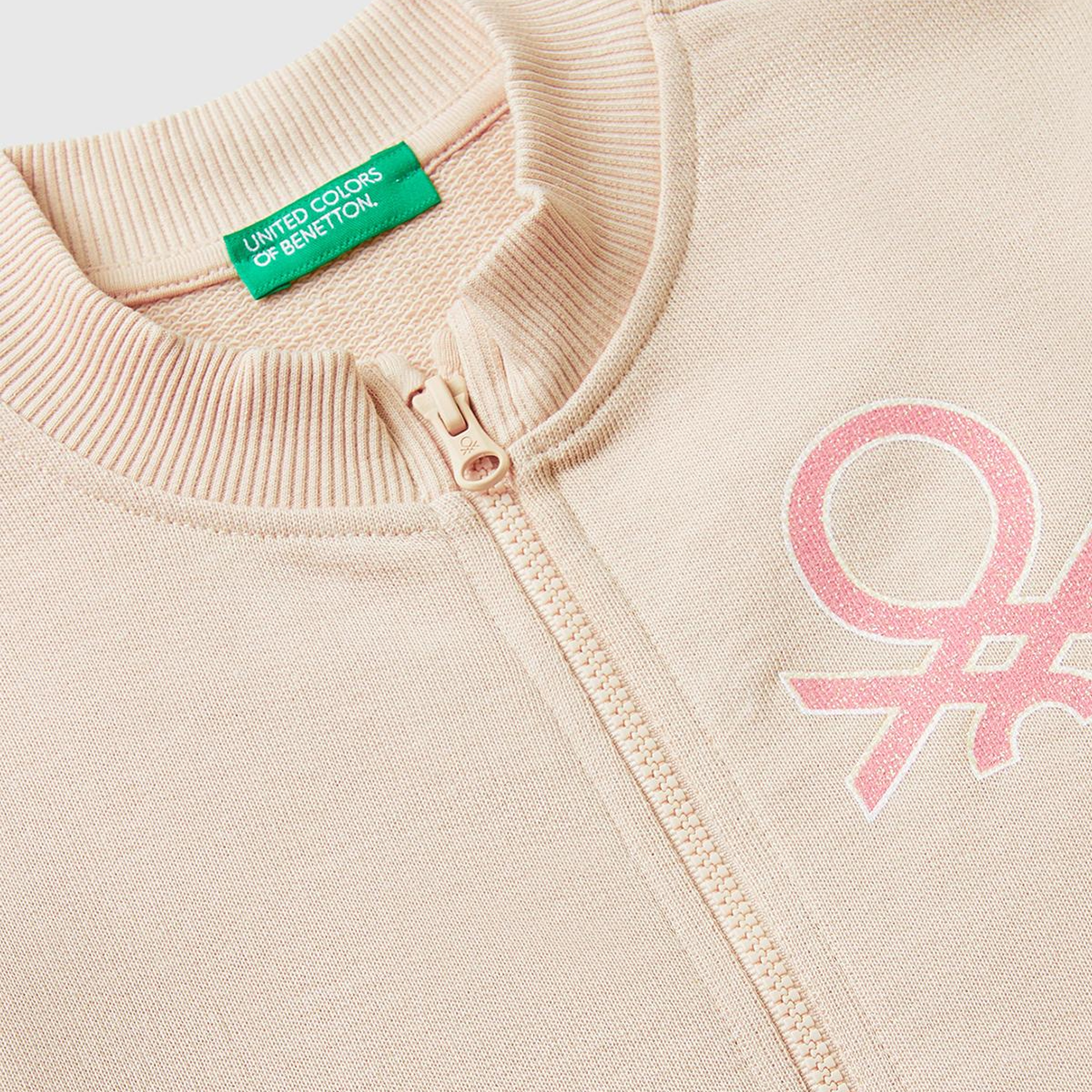 Kız Çocuk Toz Pembe Simli Logo Baskılı Fermuarlı Ribanalı Regular Fit Sweatshirt