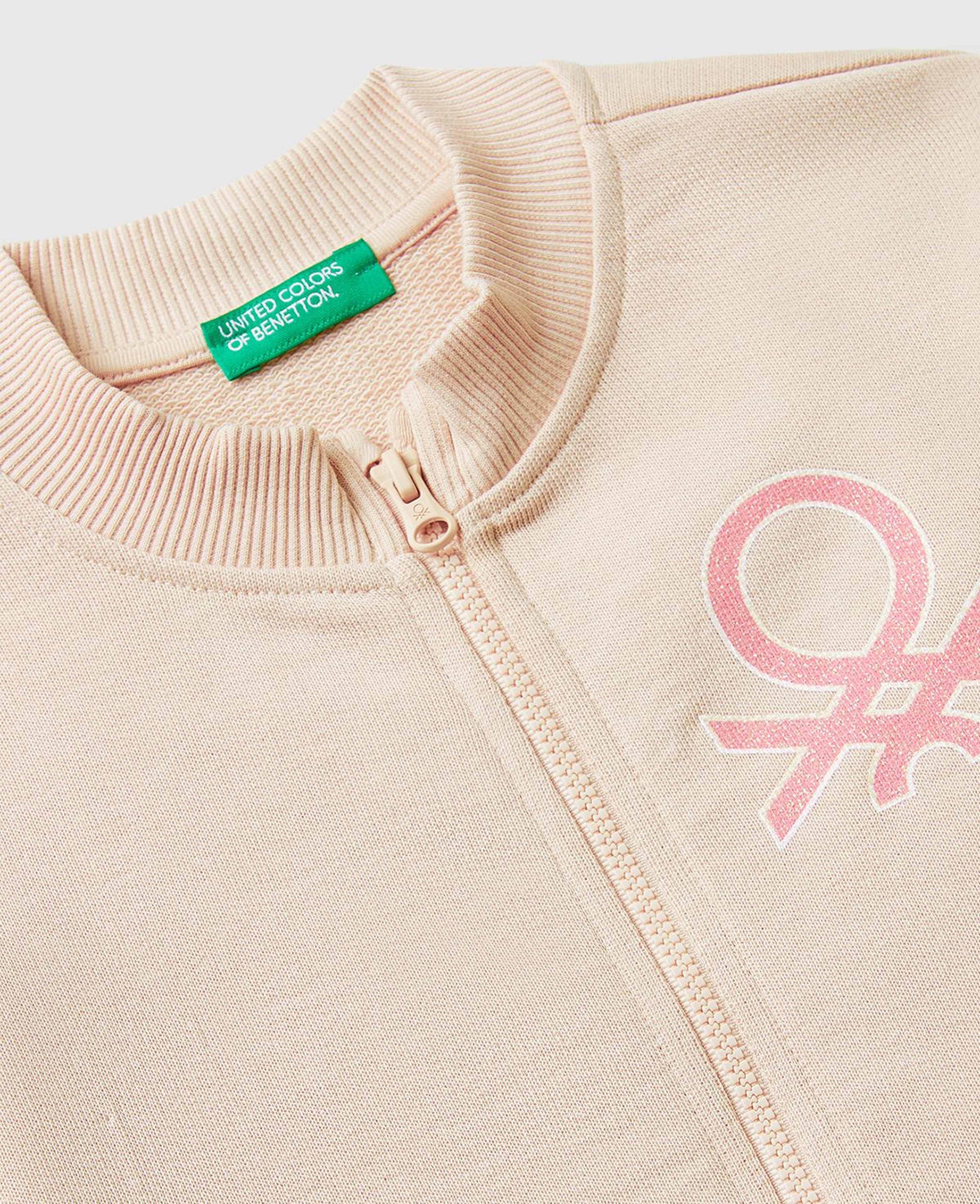 Kız Çocuk Toz Pembe Simli Logo Baskılı Fermuarlı Ribanalı Regular Fit Sweatshirt