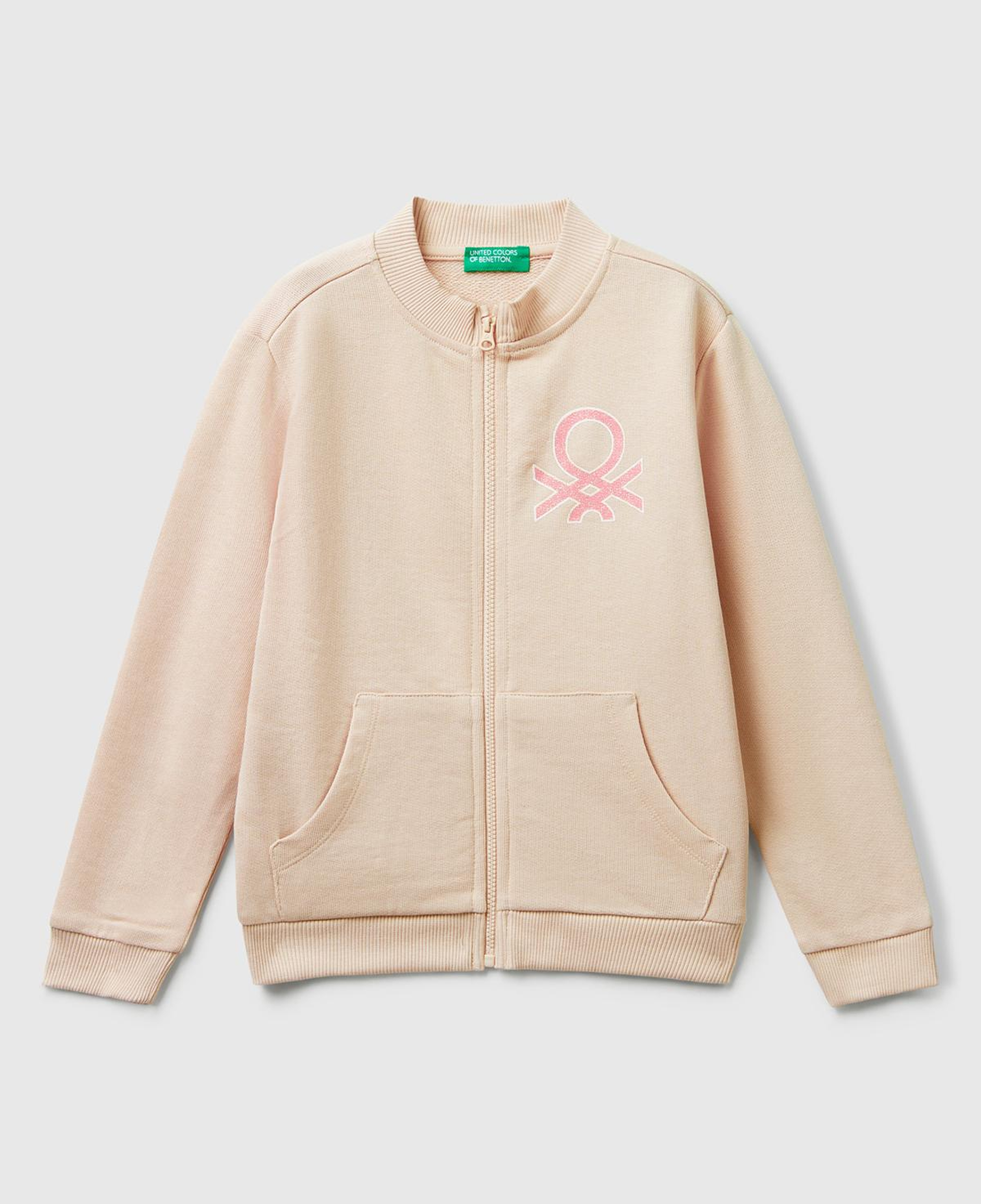 Kız Çocuk Toz Pembe Simli Logo Baskılı Fermuarlı Ribanalı Regular Fit Sweatshirt