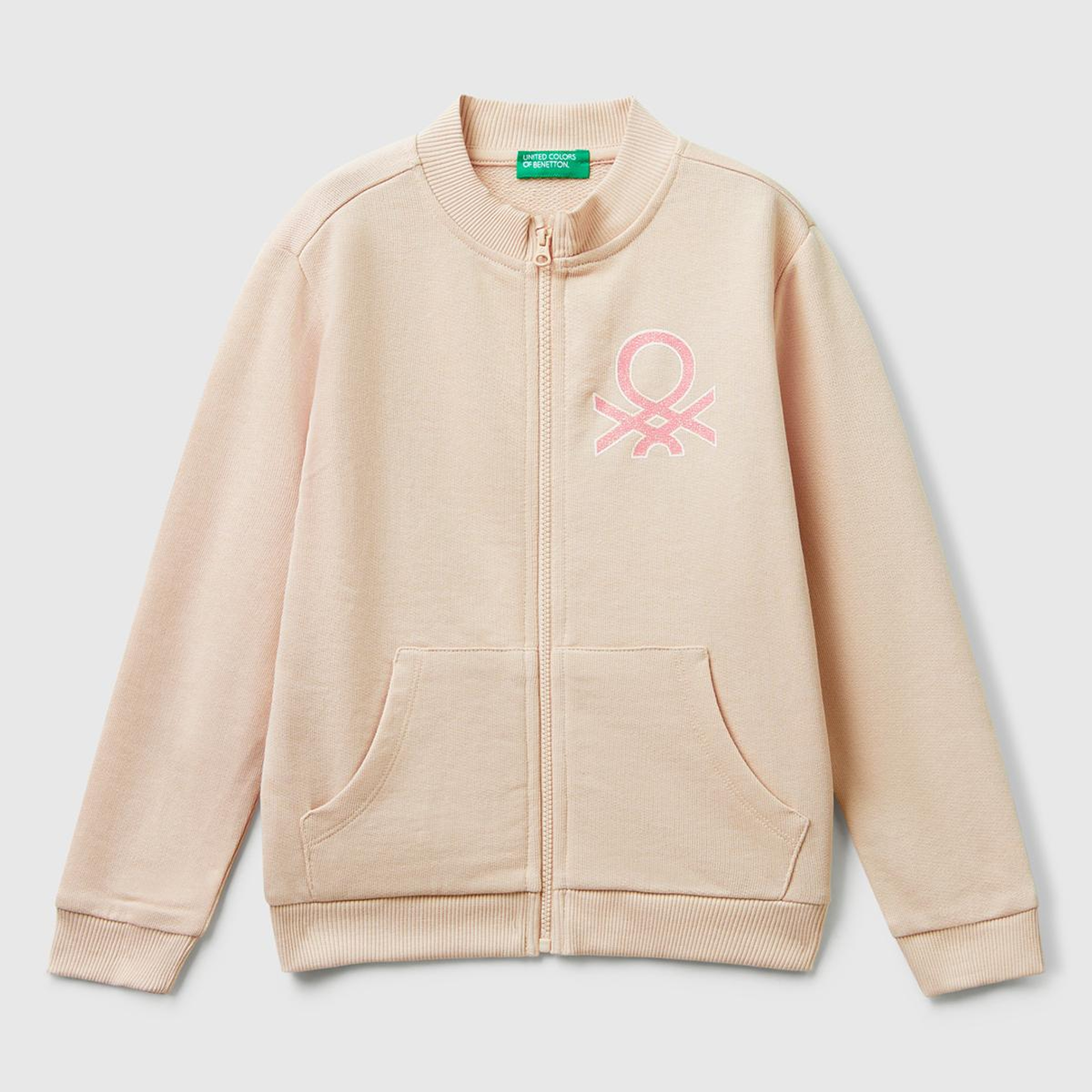 Kız Çocuk Toz Pembe Simli Logo Baskılı Fermuarlı Ribanalı Regular Fit Sweatshirt