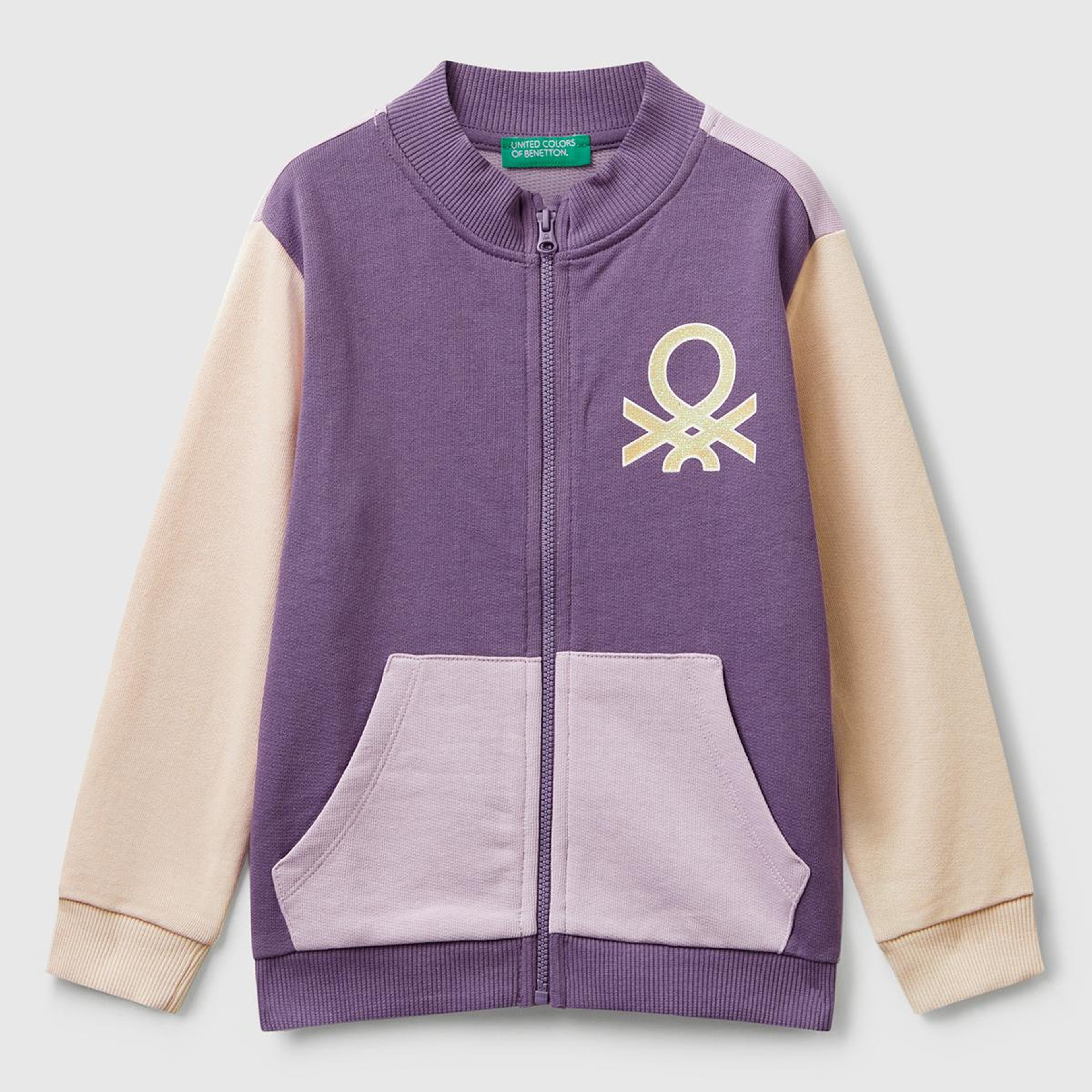 Kız Çocuk Lila-Fuşya-Bej Simli Logo Baskılı Fermuarlı Ribanalı Regular Fit Sweatshirt
