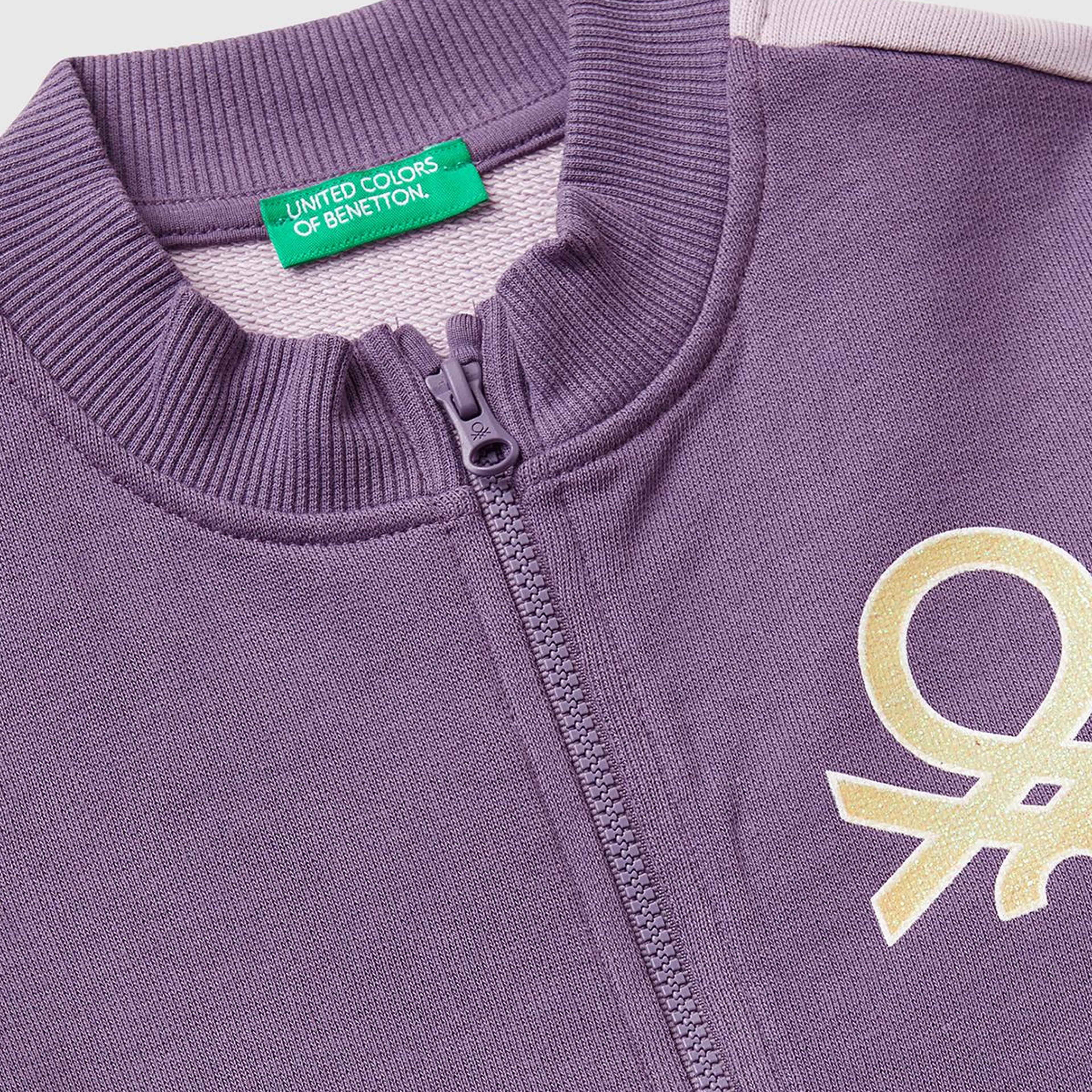 Kız Çocuk Lila-Fuşya-Bej Simli Logo Baskılı Fermuarlı Ribanalı Regular Fit Sweatshirt