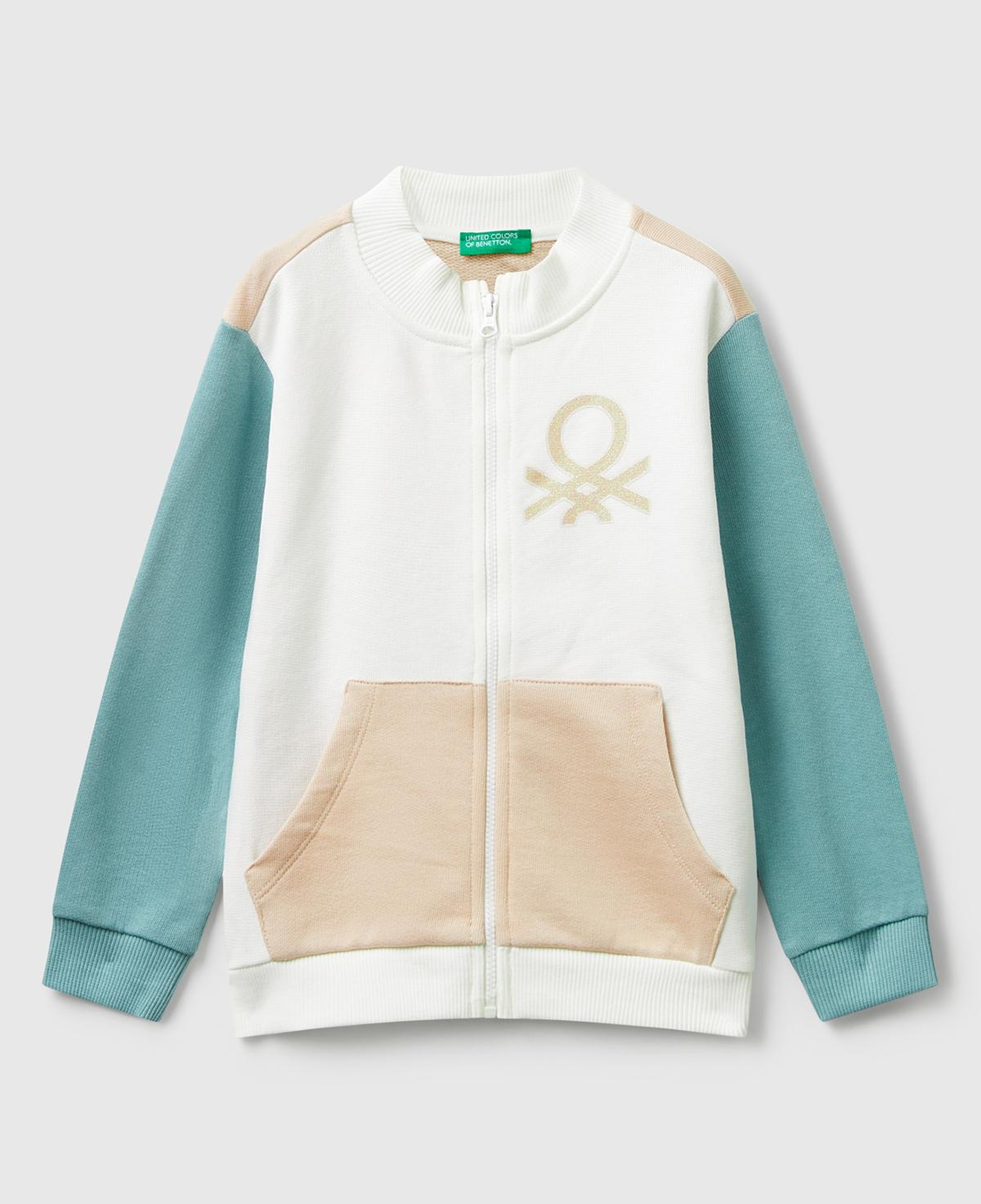 Kız Çocuk Pembe-Beyaz Simli Logo Baskılı Fermuarlı Ribanalı Regular Fit Sweatshirt
