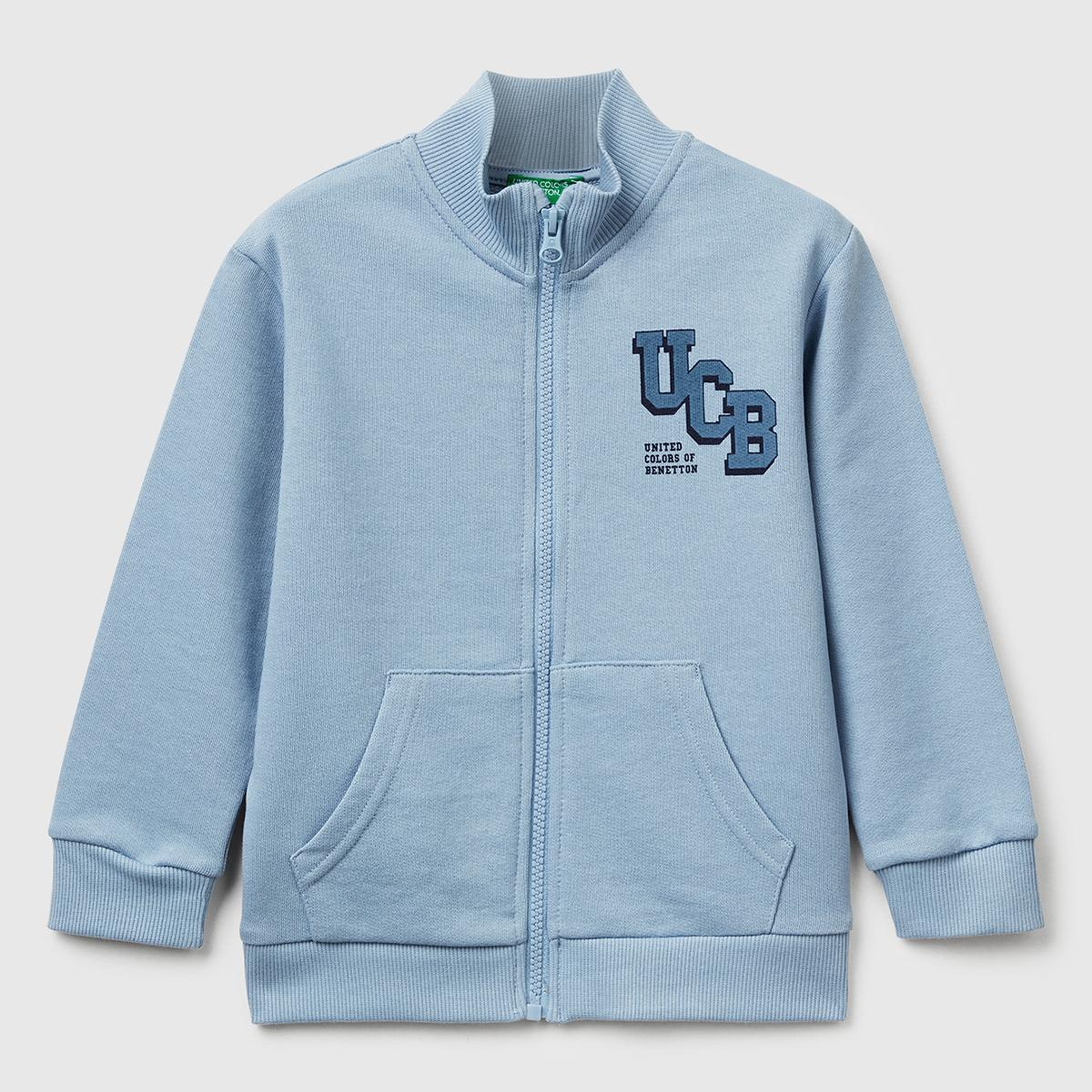 Erkek Çocuk Mavi Logo Detaylı Önü Fermuarlı Ribana Detaylı Sweatshirt