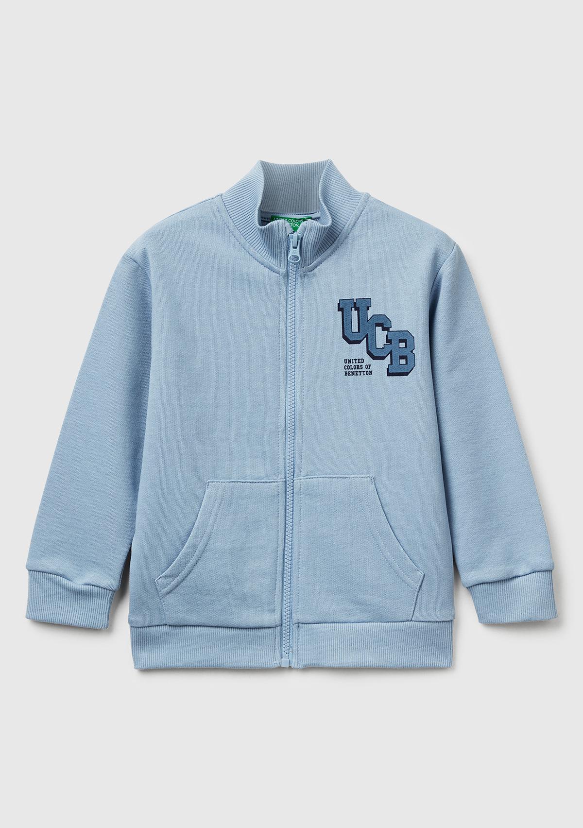 Erkek Çocuk Mavi Logo Detaylı Önü Fermuarlı Ribana Detaylı Sweatshirt