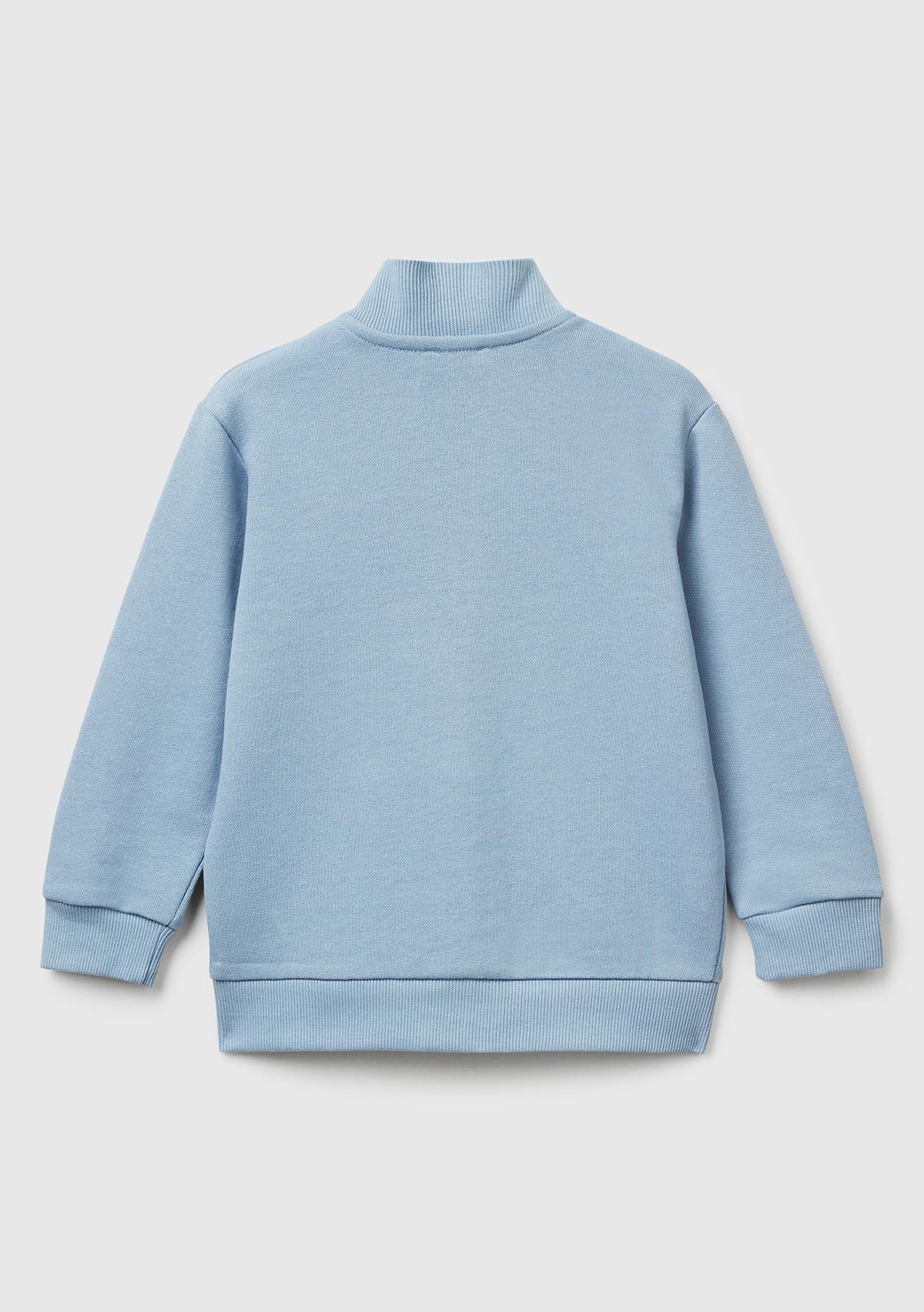Erkek Çocuk Mavi Logo Detaylı Önü Fermuarlı Ribana Detaylı Sweatshirt