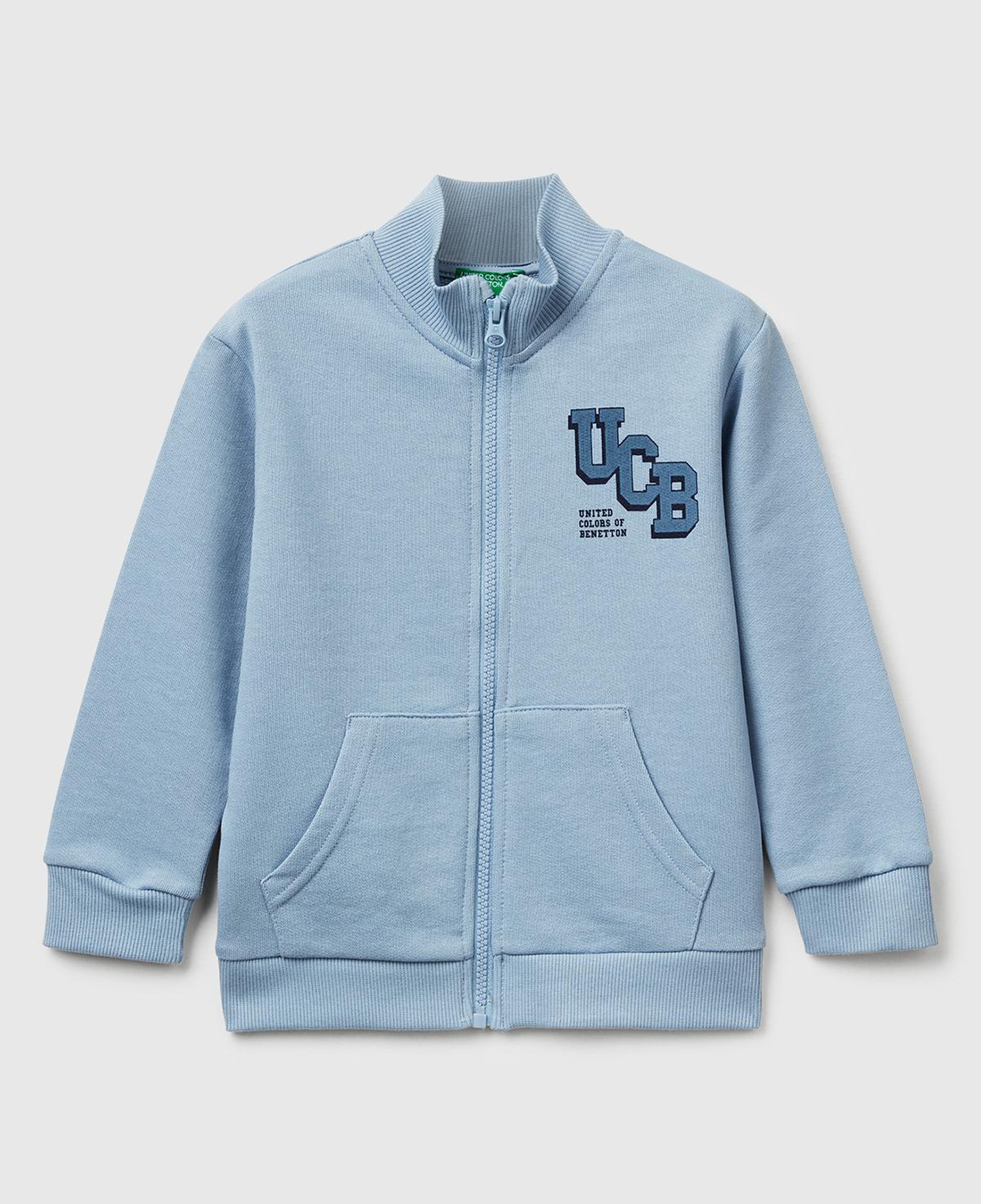 Erkek Çocuk Mavi Logo Detaylı Önü Fermuarlı Ribana Detaylı Sweatshirt
