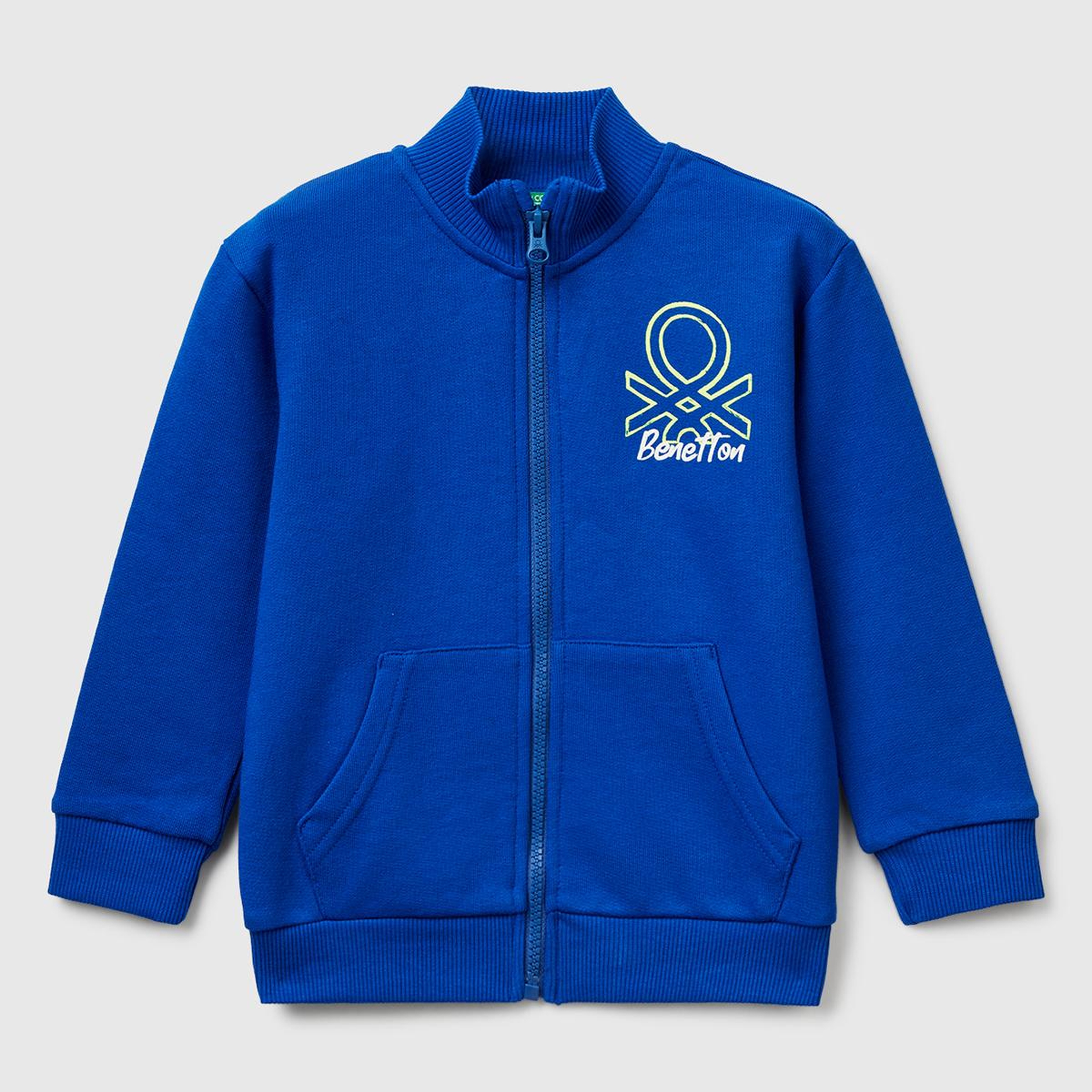 Erkek Çocuk Saks Mavisi Logo Detaylı Önü Fermuarlı Ribana Detaylı Sweatshirt