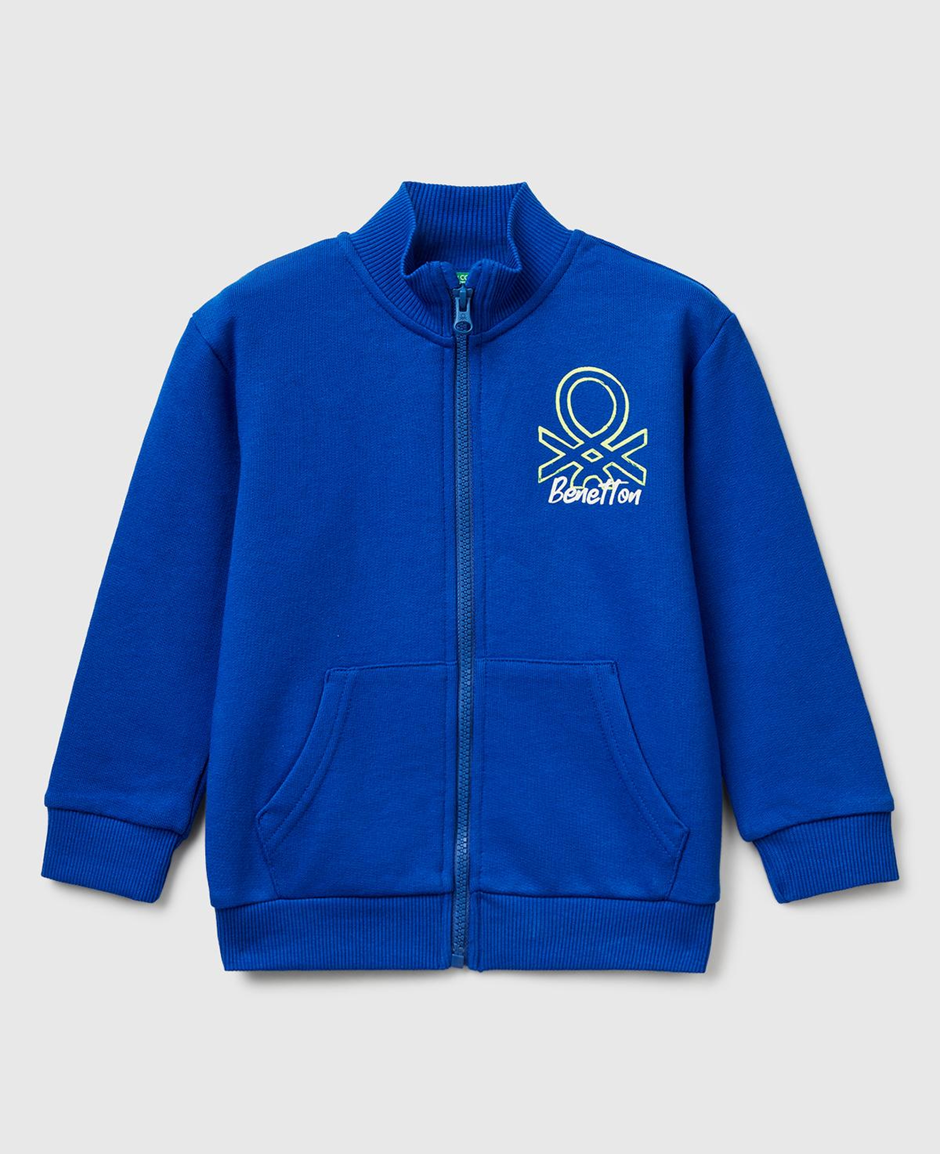 Erkek Çocuk Saks Mavisi Logo Detaylı Önü Fermuarlı Ribana Detaylı Sweatshirt