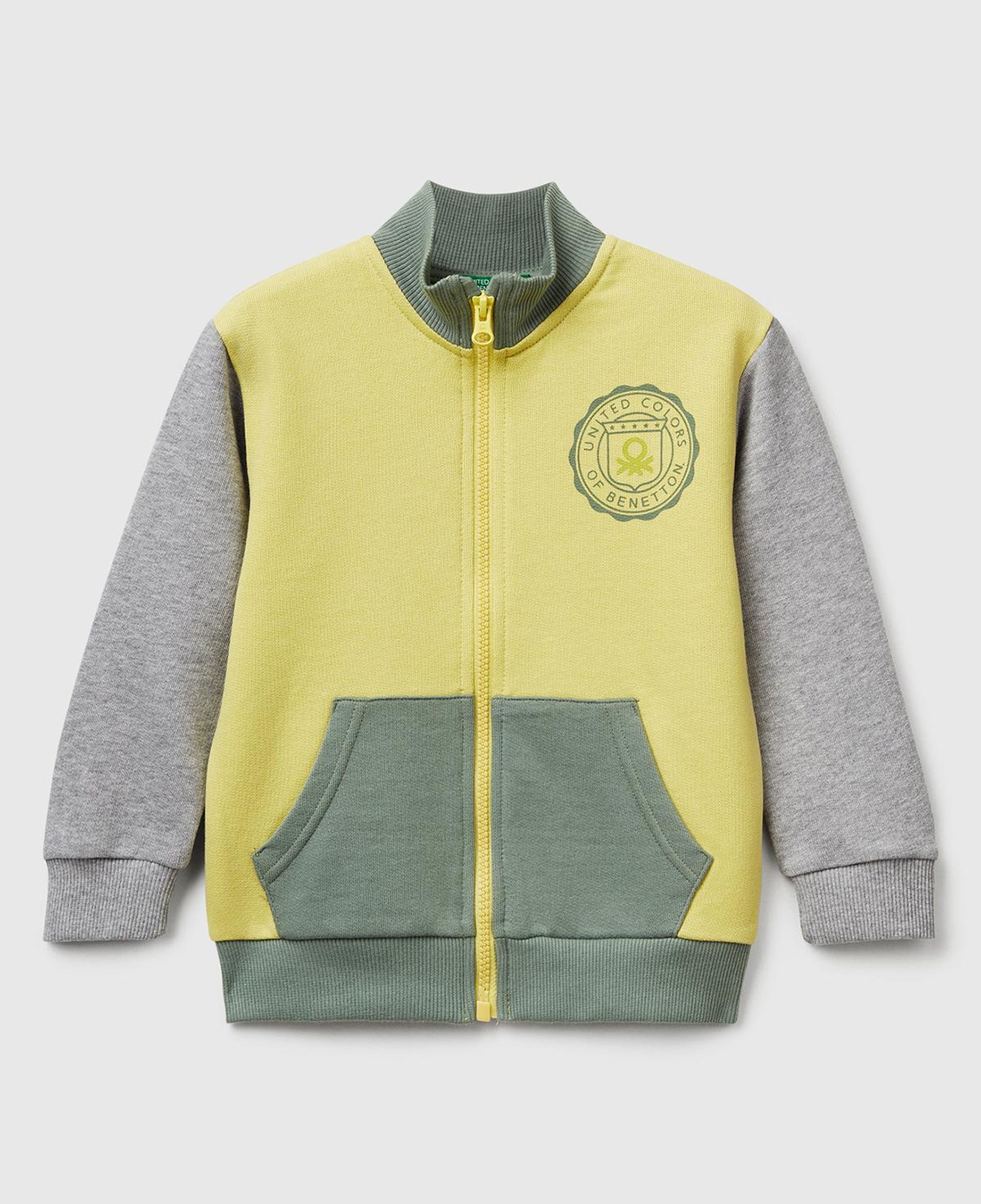 Erkek Çocuk Sarı-Gri Logo Detaylı Önü Fermuarlı Ribana Detaylı Sweatshirt