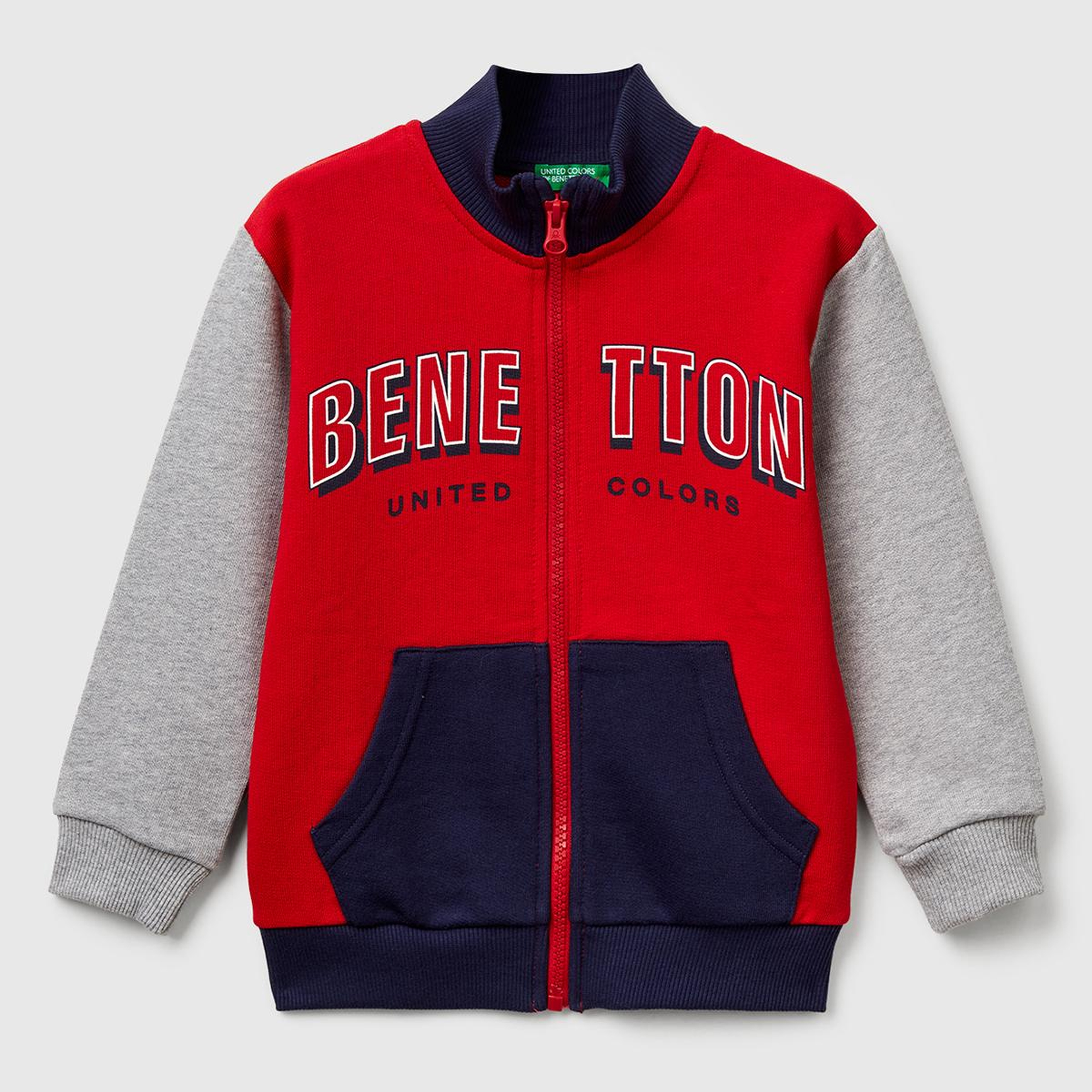 Erkek Çocuk Kırmızı-Gri Logo Detaylı Önü Fermuarlı Ribana Detaylı Sweatshirt