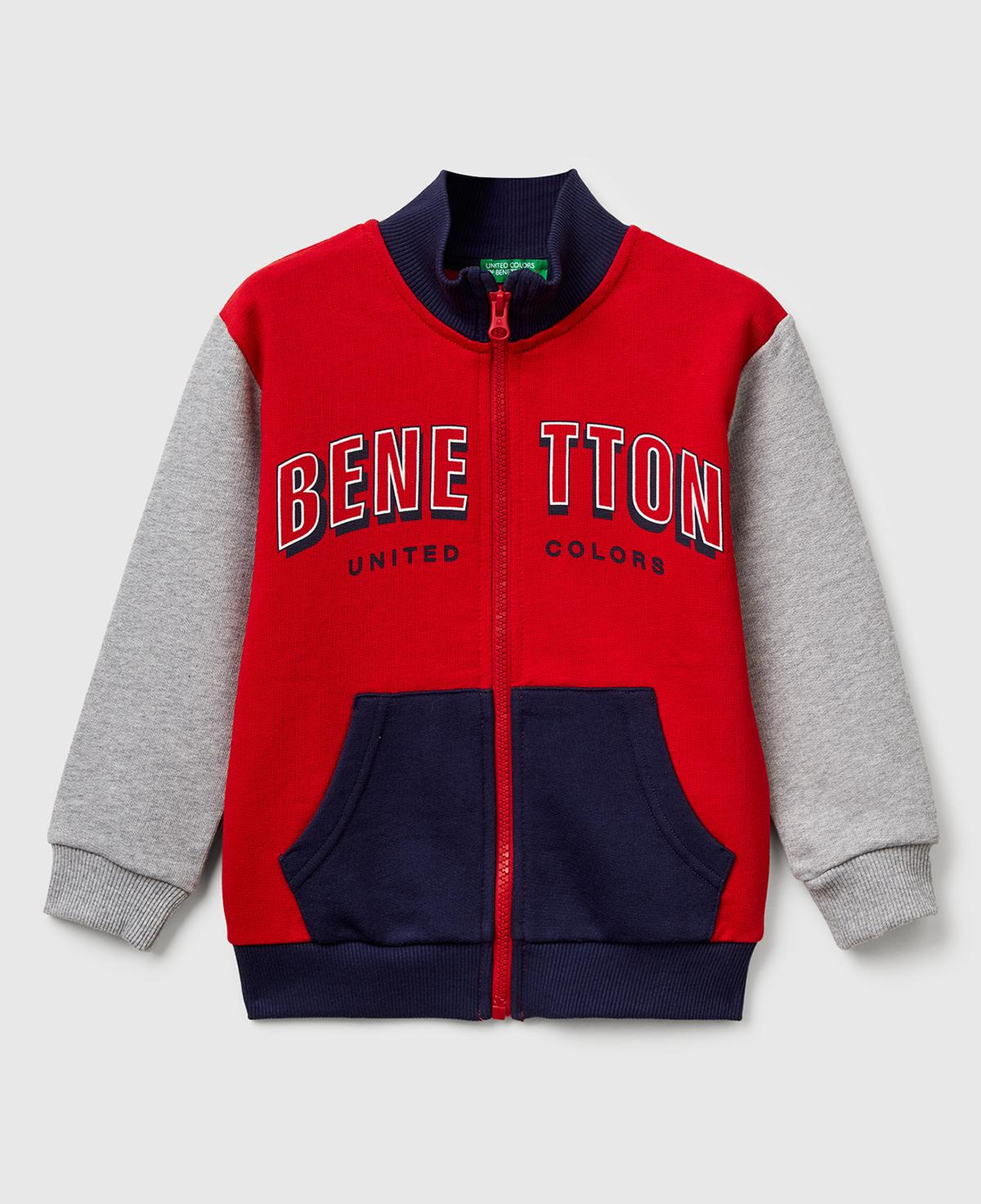 Erkek Çocuk Kırmızı-Gri Logo Detaylı Önü Fermuarlı Ribana Detaylı Sweatshirt