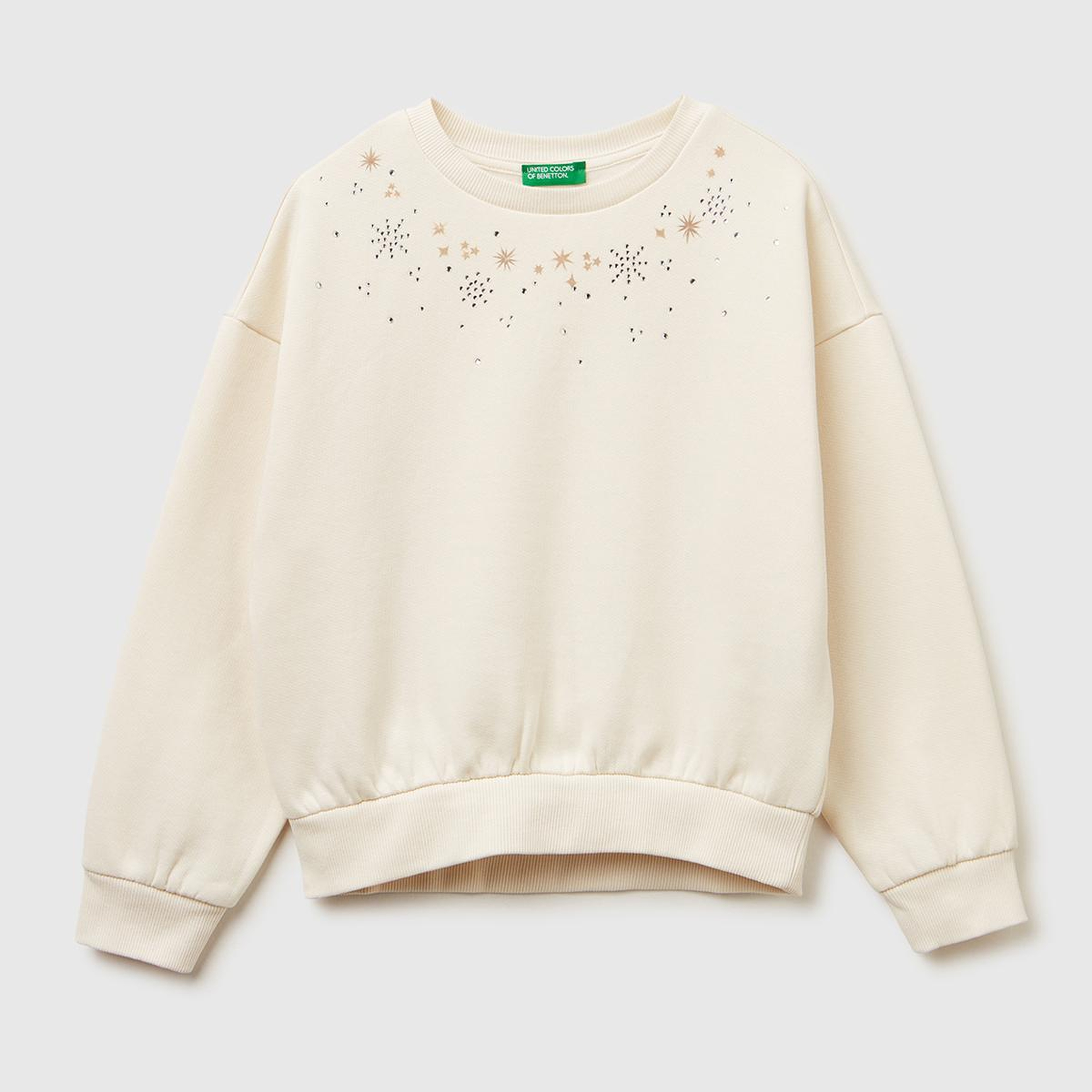 Kız Çocuk Ekru Önü Kristal Aplikeli Logo İşlemeli Ribanalı Şardonlu Sweatshirt