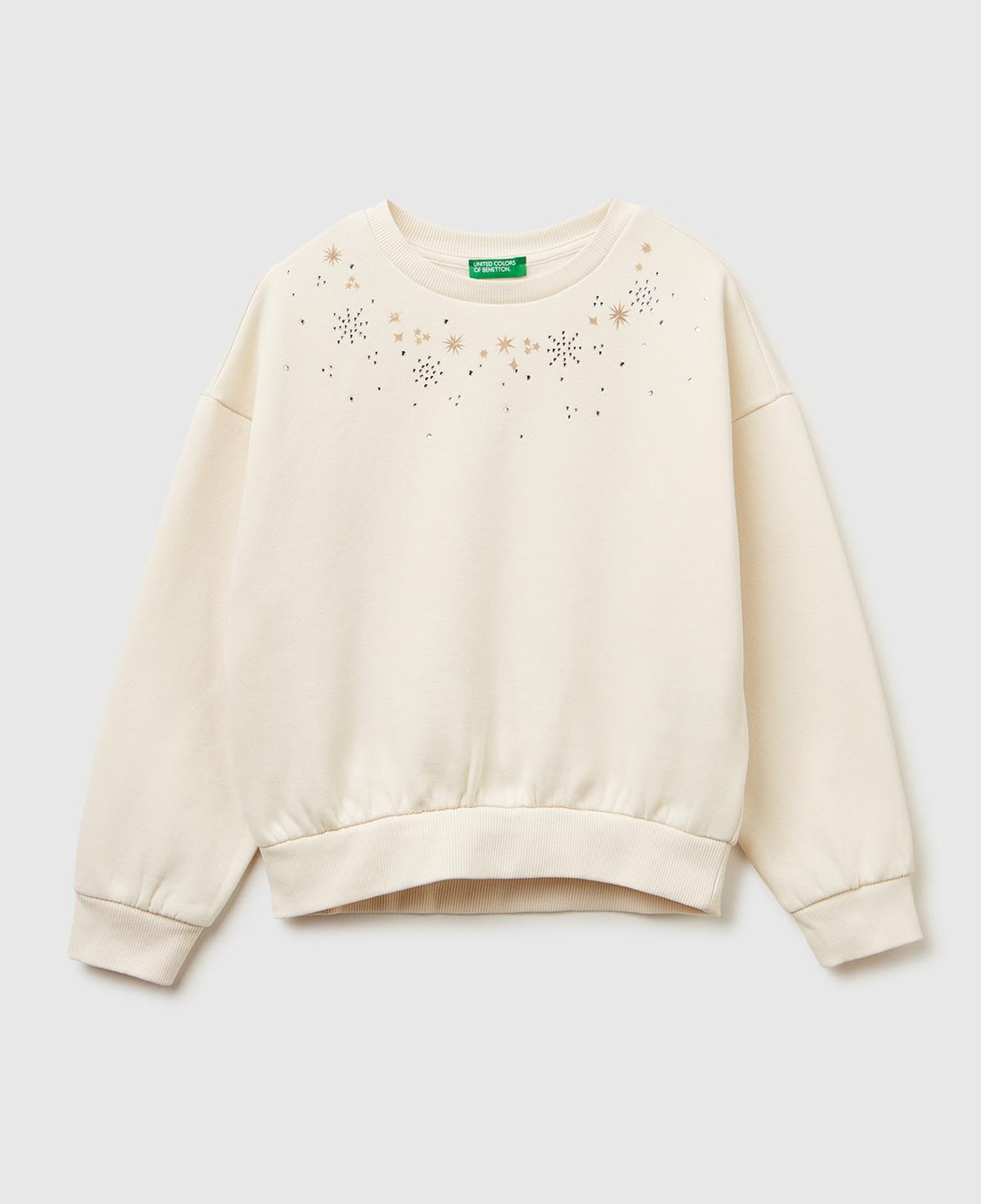 Kız Çocuk Ekru Önü Kristal Aplikeli Logo İşlemeli Ribanalı Şardonlu Sweatshirt