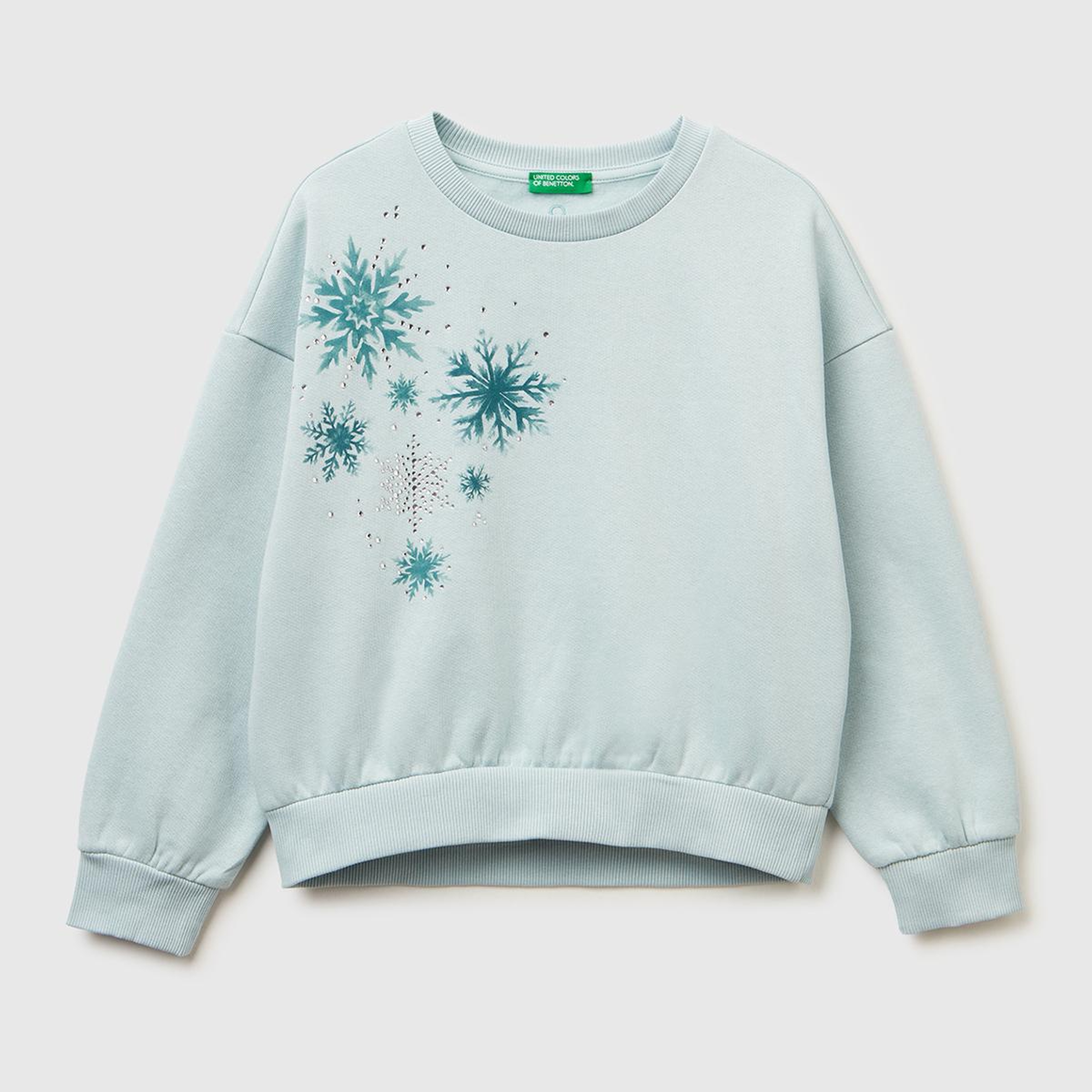 Kız Çocuk Su Yeşili Önü Kristal Aplikeli Logo İşlemeli Ribanalı Şardonlu Sweatshirt