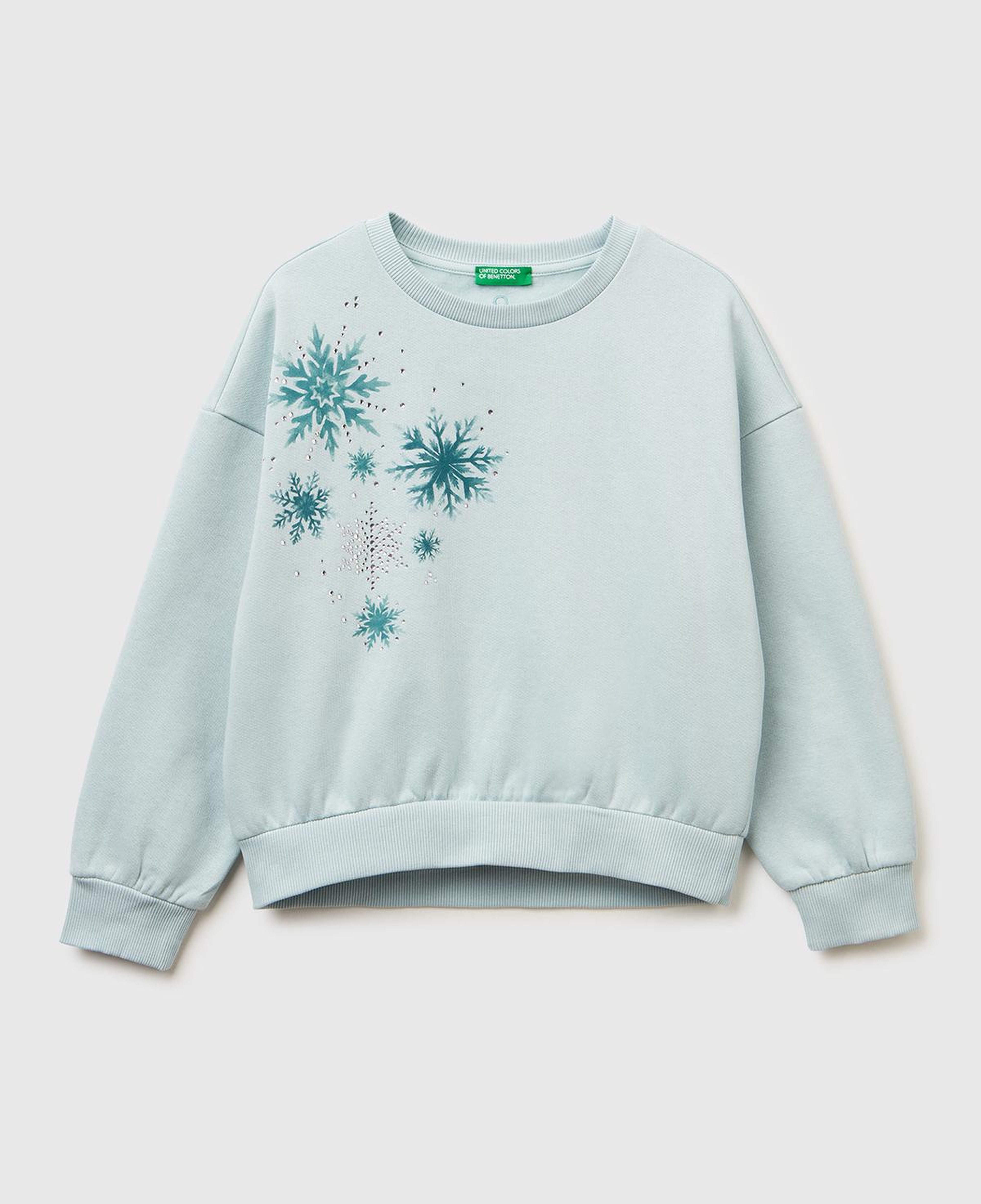 Kız Çocuk Su Yeşili Önü Kristal Aplikeli Logo İşlemeli Ribanalı Şardonlu Sweatshirt