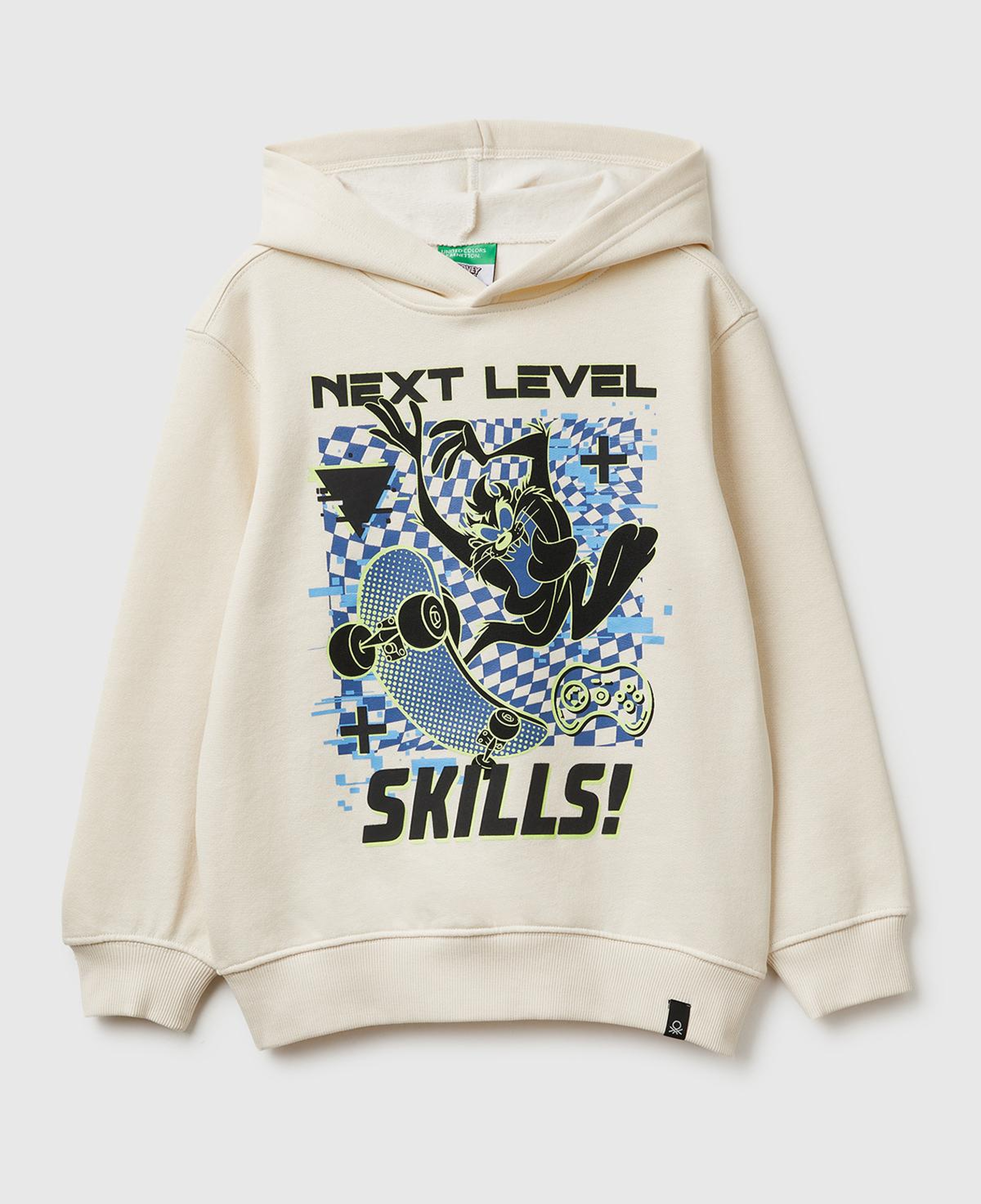 Erkek Çocuk Krem Tazmanya Baskılı Ribanalı Kapüşonlu Oversize Sweatshirt
