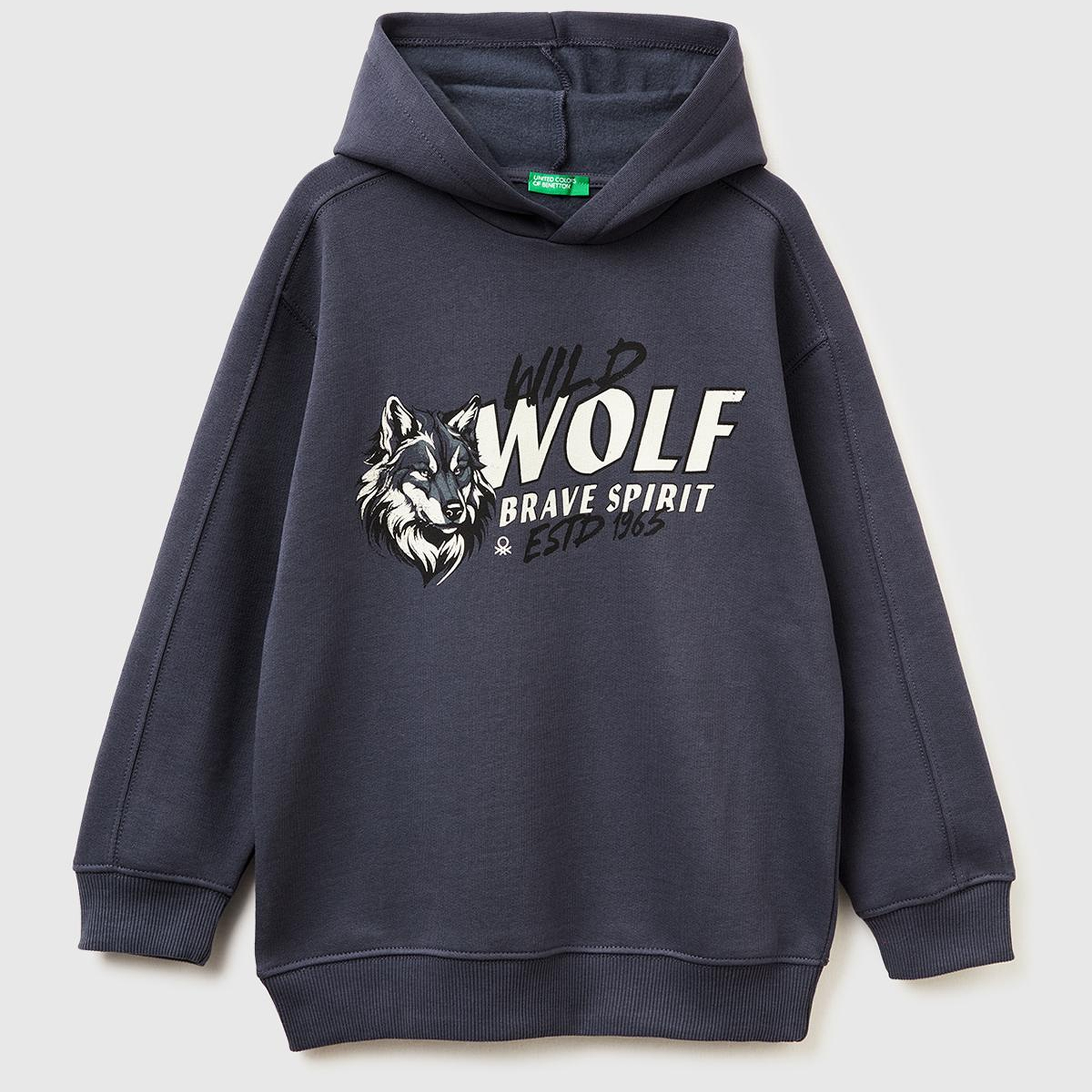 Erkek Çocuk Koyu Gri Önü Baskılı Düşük Omuzlu Kapüşonlu Sweatshirt