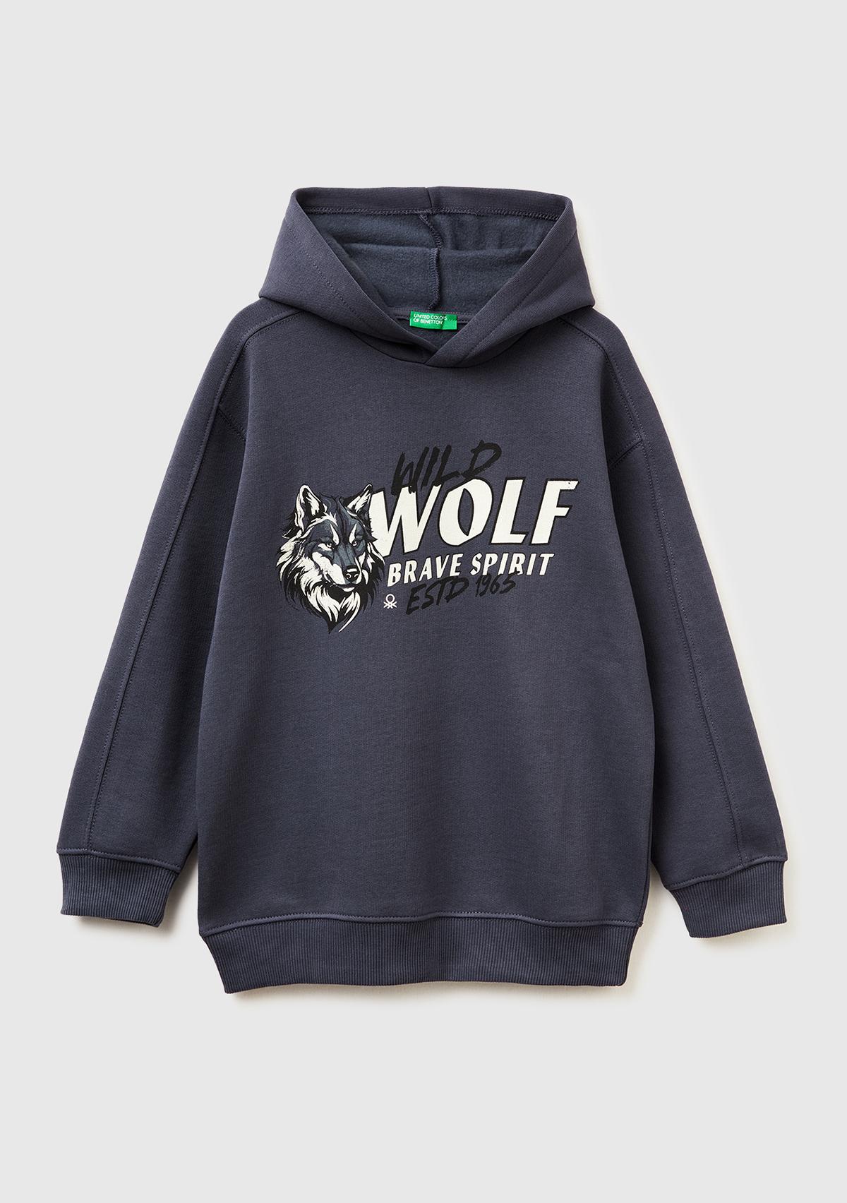 Erkek Çocuk Koyu Gri Önü Baskılı Düşük Omuzlu Kapüşonlu Sweatshirt