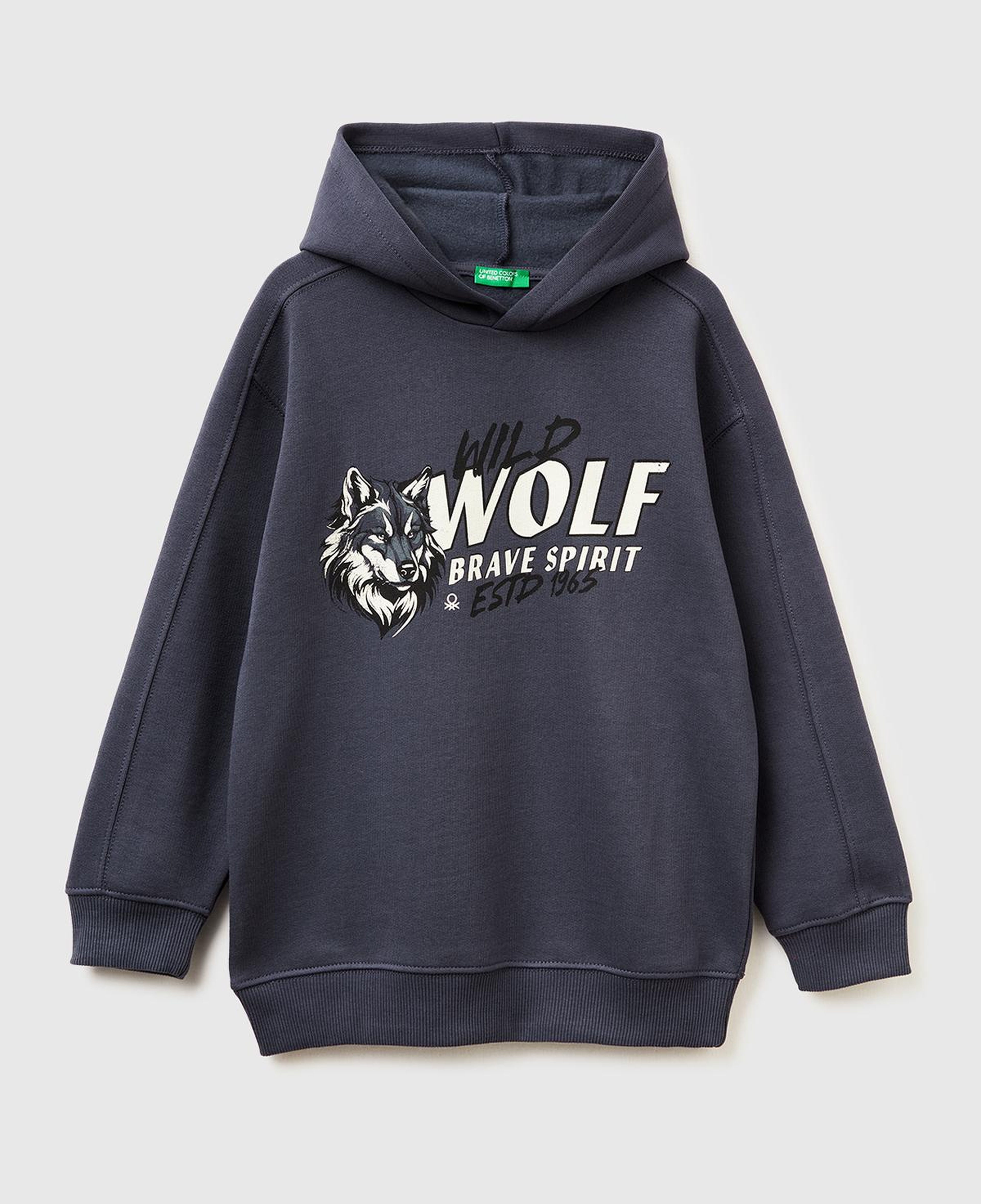 Erkek Çocuk Koyu Gri Önü Baskılı Düşük Omuzlu Kapüşonlu Sweatshirt