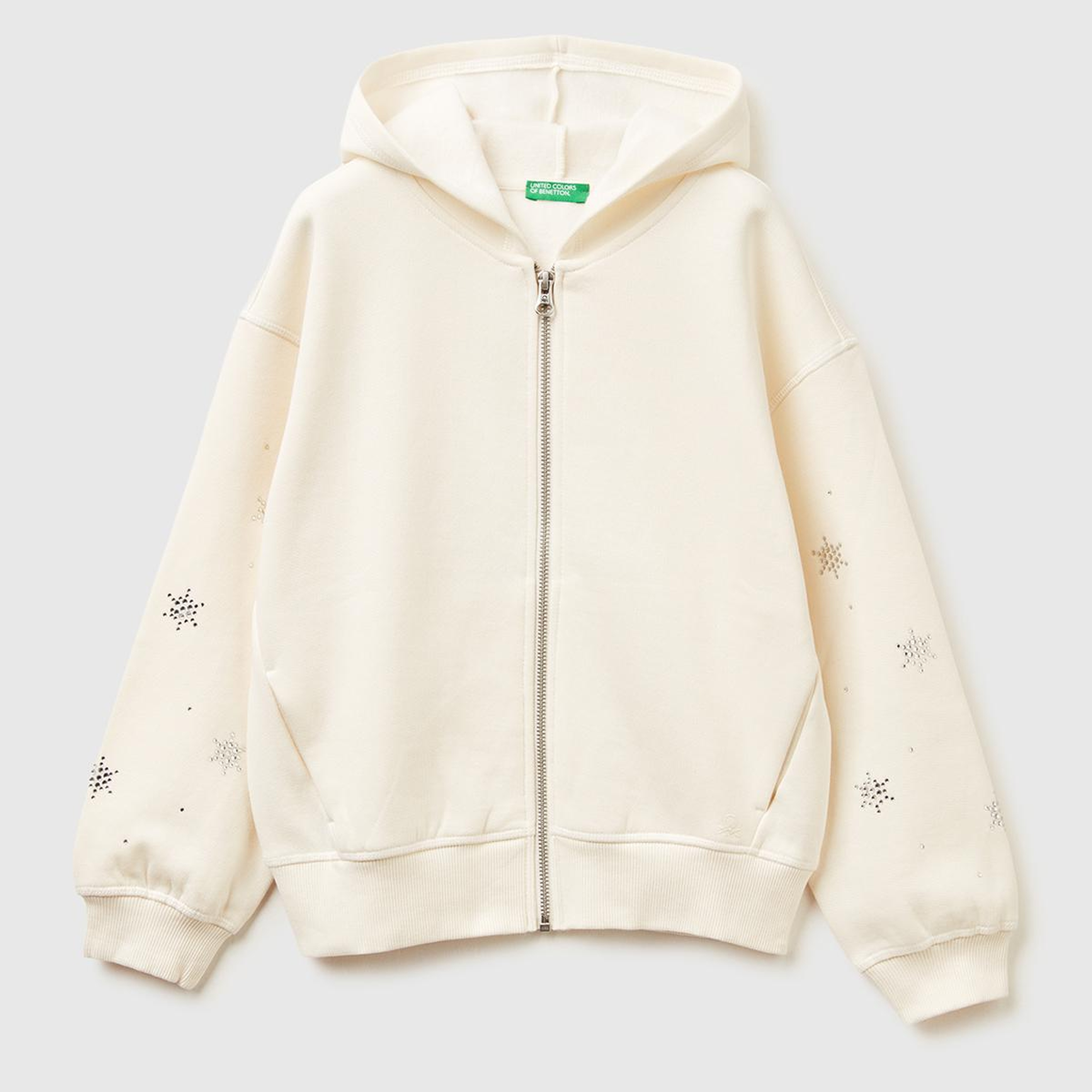 Kız Çocuk Ekru Kristal Aplikeli Logo Detaylı Fermuarlı Kapüşonlu Şardonlu Sweatshirt