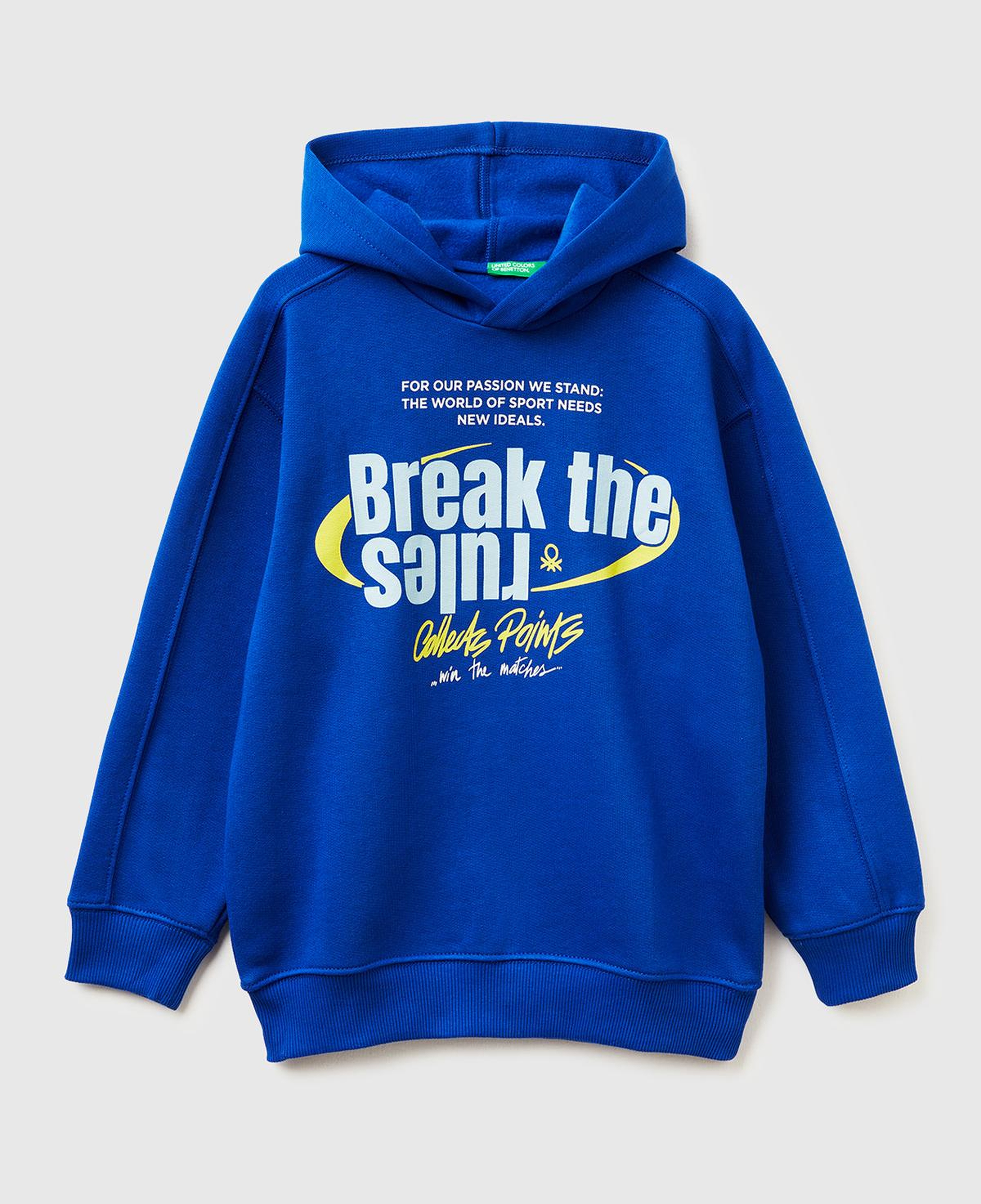Erkek Çocuk Saks Mavisi Önü Baskılı Düşük Omuzlu Kapüşonlu Sweatshirt