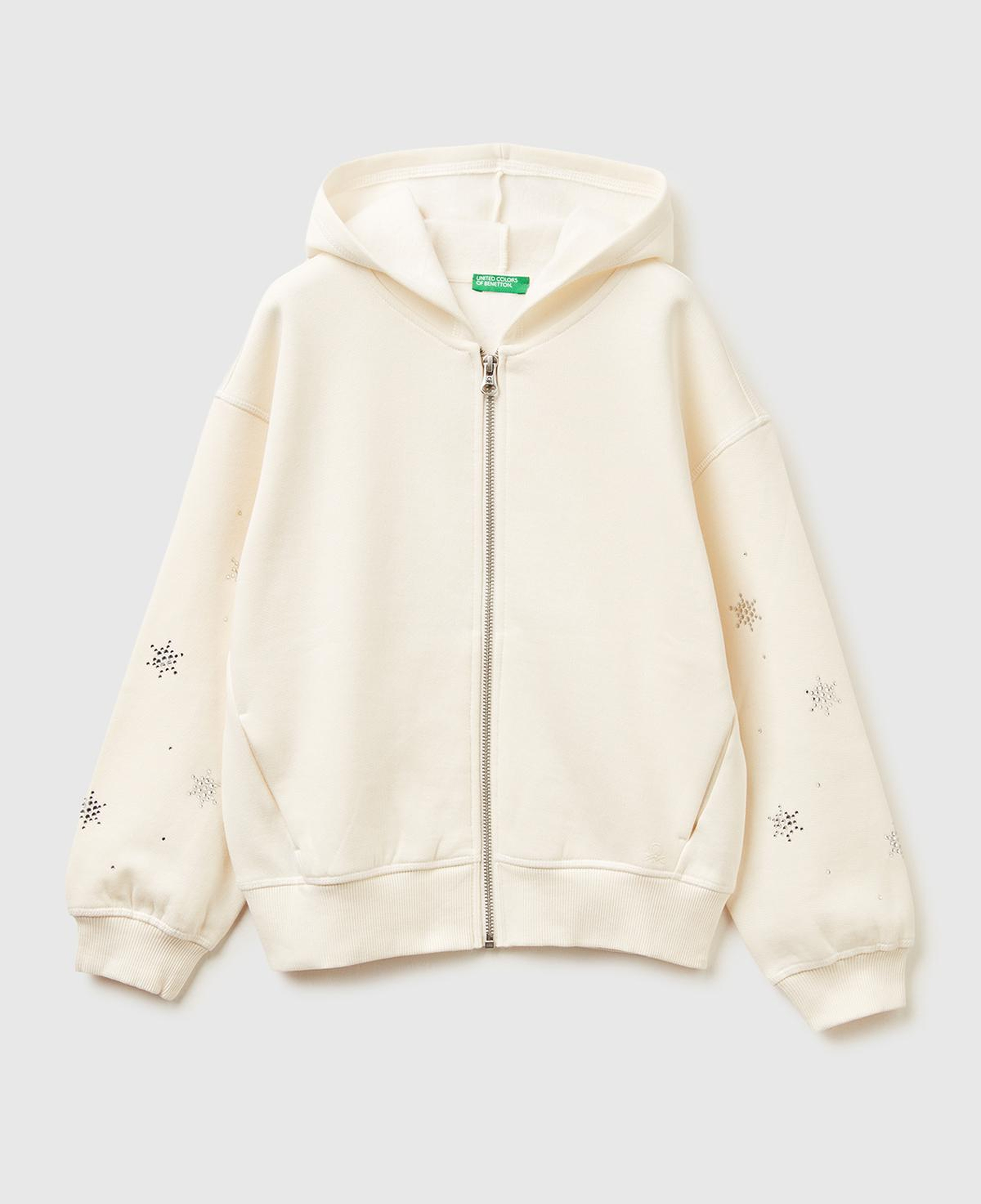 Kız Çocuk Ekru Kristal Aplikeli Logo Detaylı Fermuarlı Kapüşonlu Şardonlu Sweatshirt