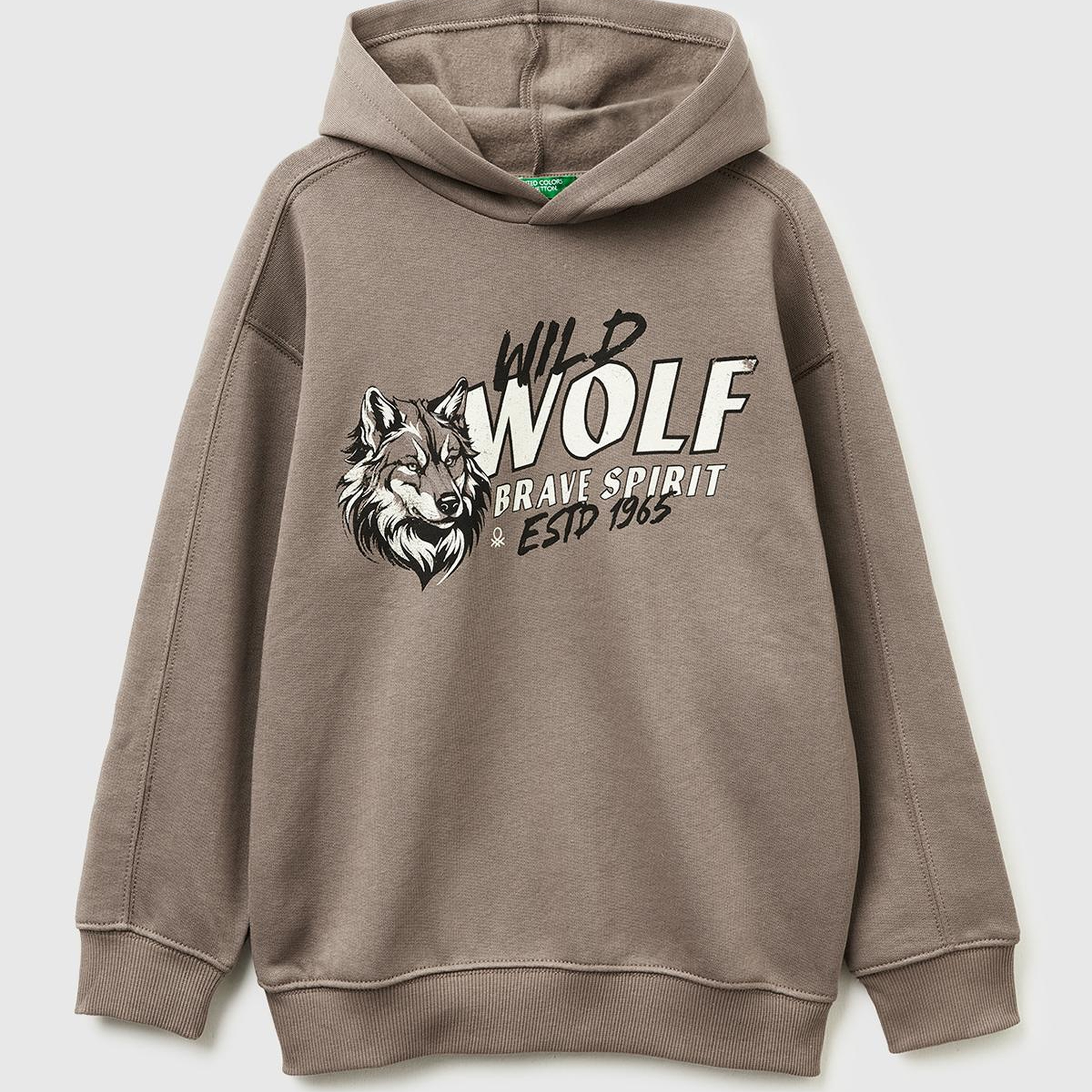Erkek Çocuk Haki Kahve Önü Baskılı Düşük Omuzlu Kapüşonlu Sweatshirt