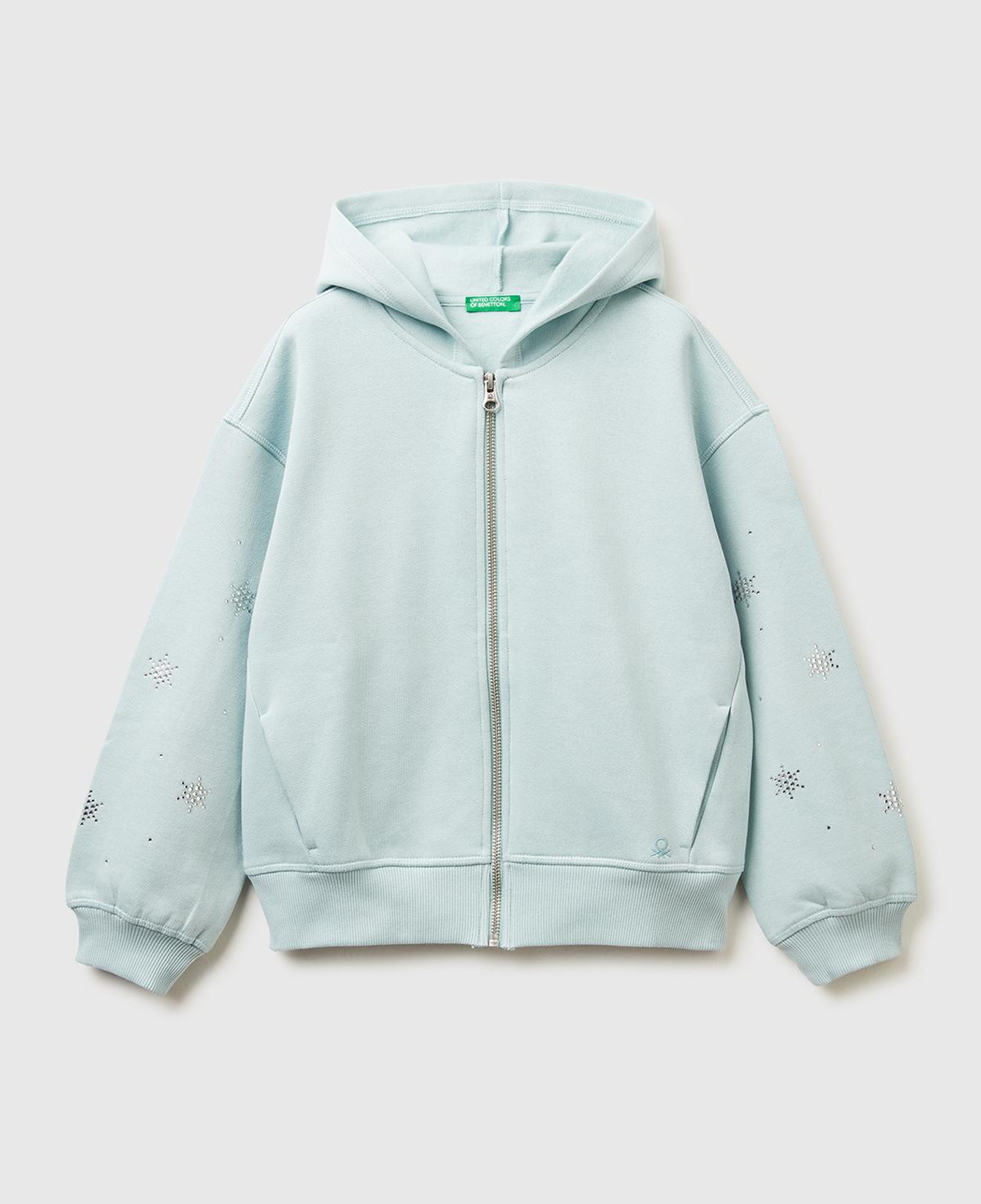 Kız Çocuk Su Yeşili Kristal Aplikeli Logo Detaylı Fermuarlı Kapüşonlu Şardonlu Sweatshirt