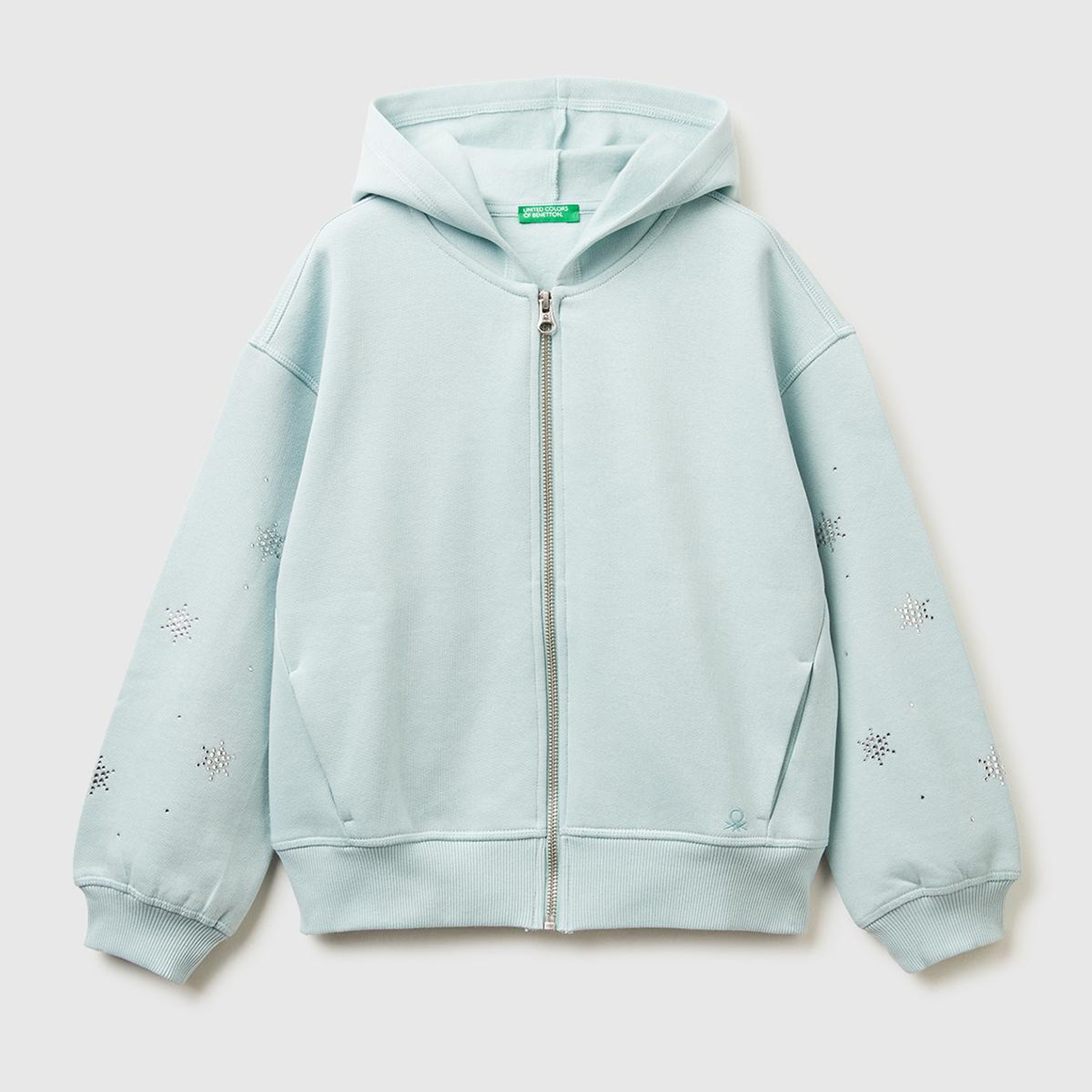 Kız Çocuk Su Yeşili Kristal Aplikeli Logo Detaylı Fermuarlı Kapüşonlu Şardonlu Sweatshirt