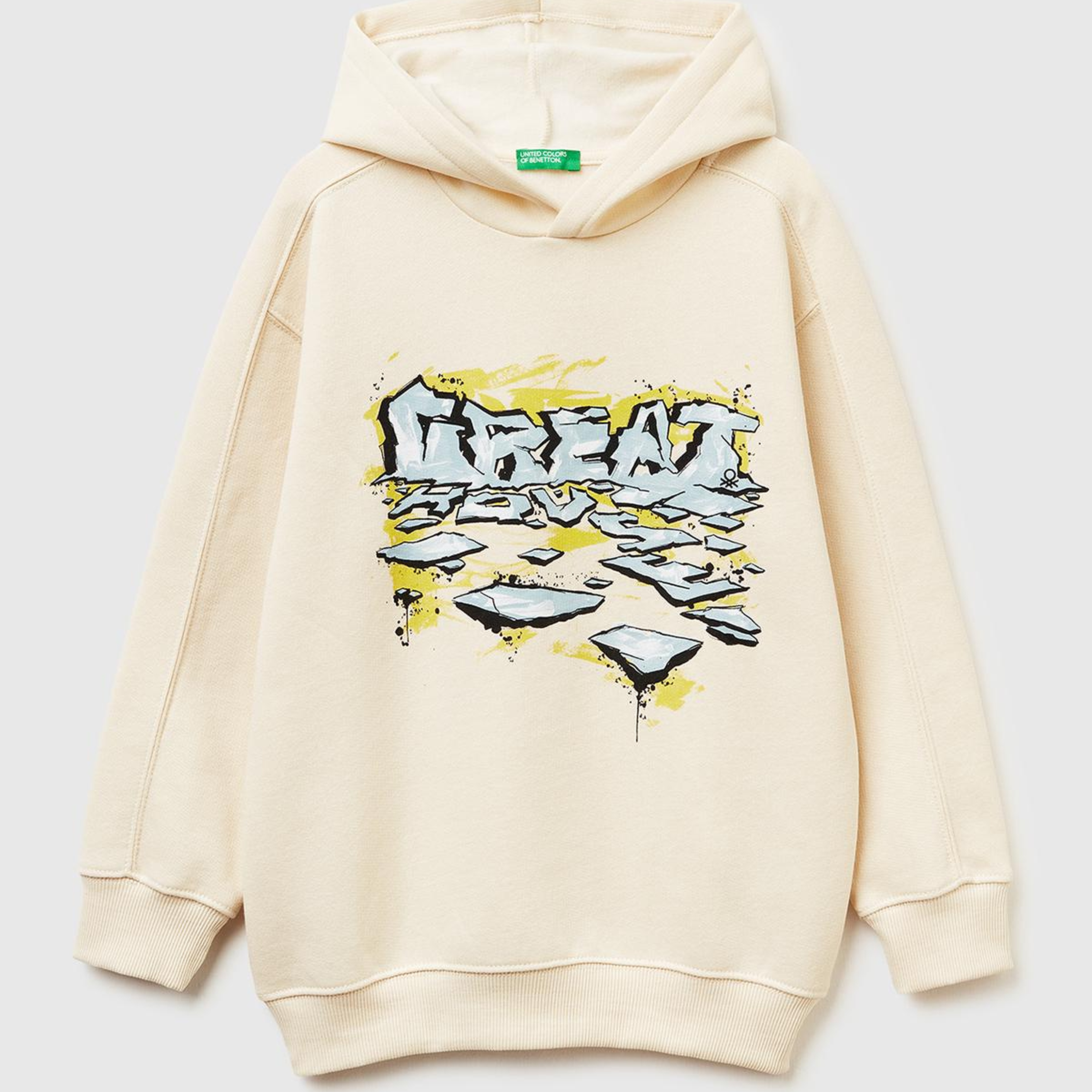 Erkek Çocuk Krem Önü Baskılı Düşük Omuzlu Kapüşonlu Sweatshirt