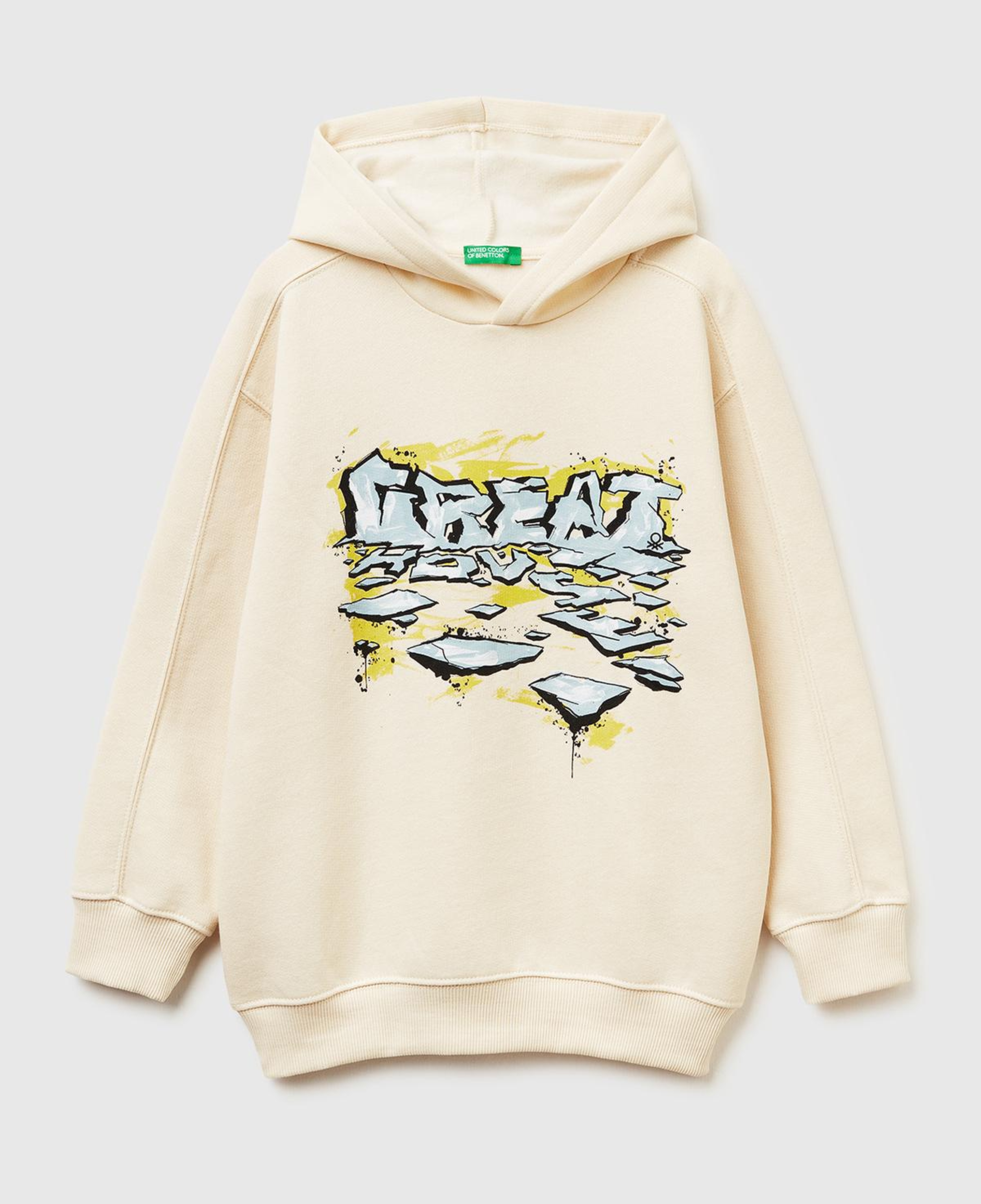 Erkek Çocuk Krem Önü Baskılı Düşük Omuzlu Kapüşonlu Sweatshirt