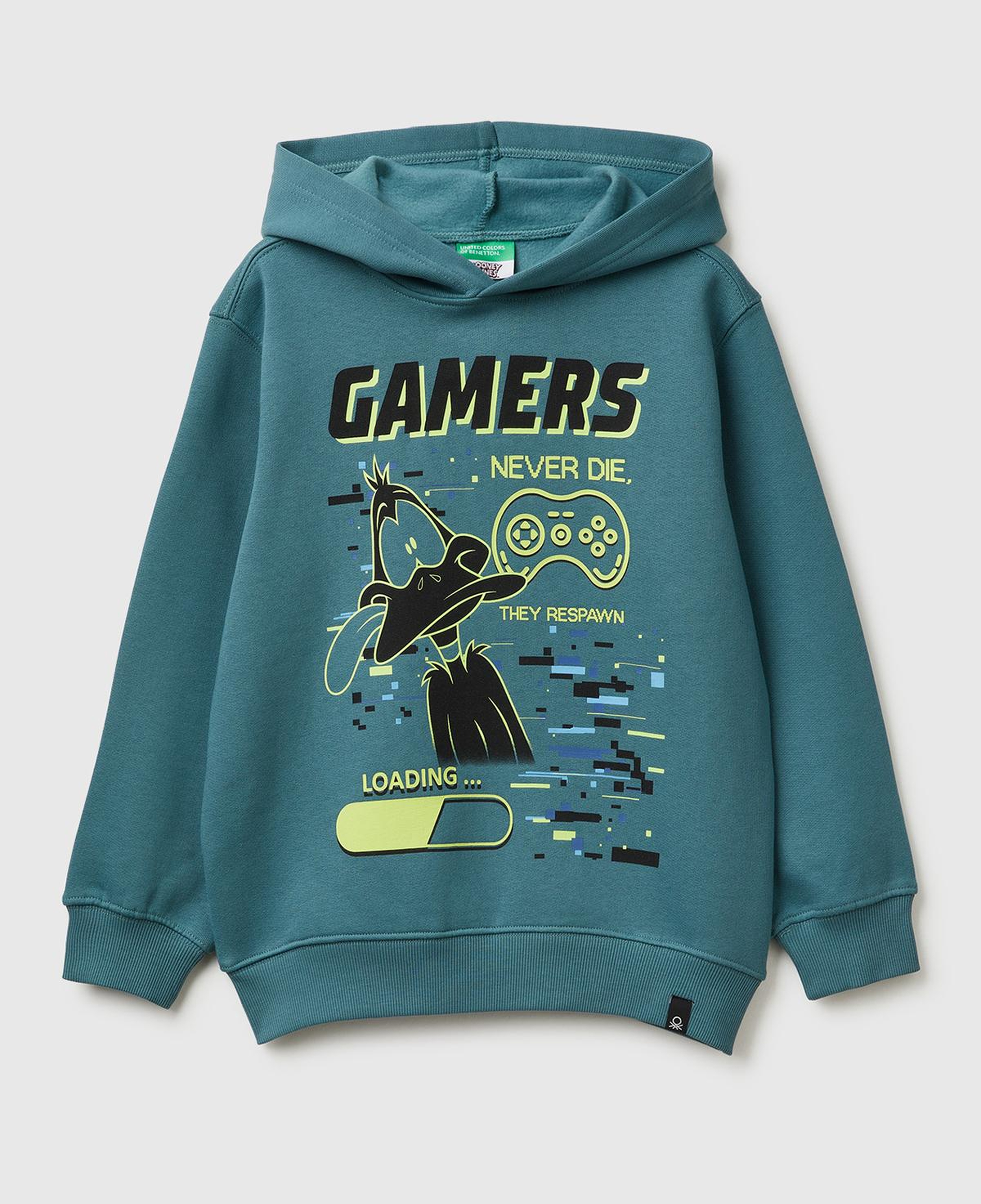 Erkek Çocuk Gri-Yeşil Tazmanya Baskılı Ribanalı Kapüşonlu Oversize Sweatshirt