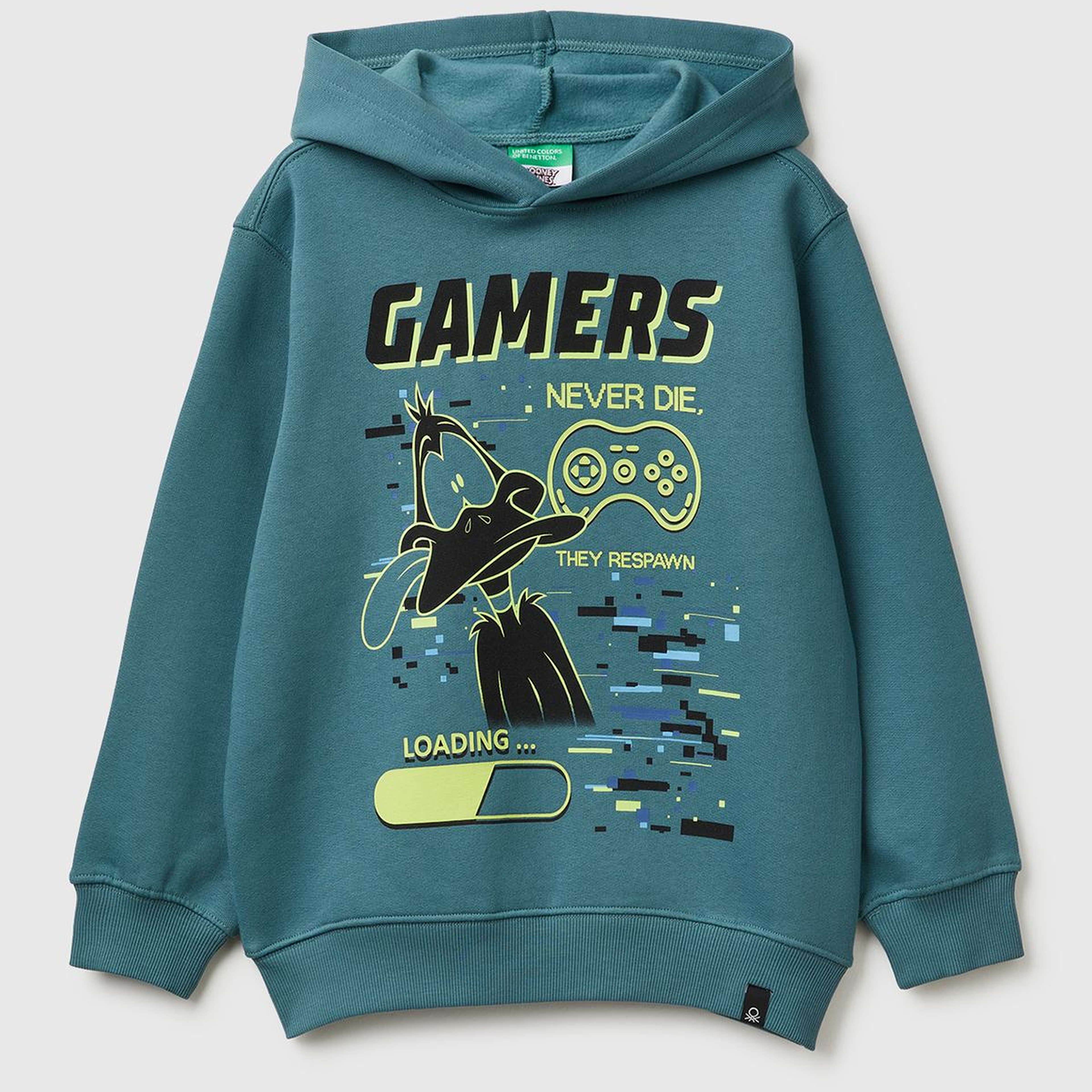 Erkek Çocuk Gri-Yeşil Tazmanya Baskılı Ribanalı Kapüşonlu Oversize Sweatshirt