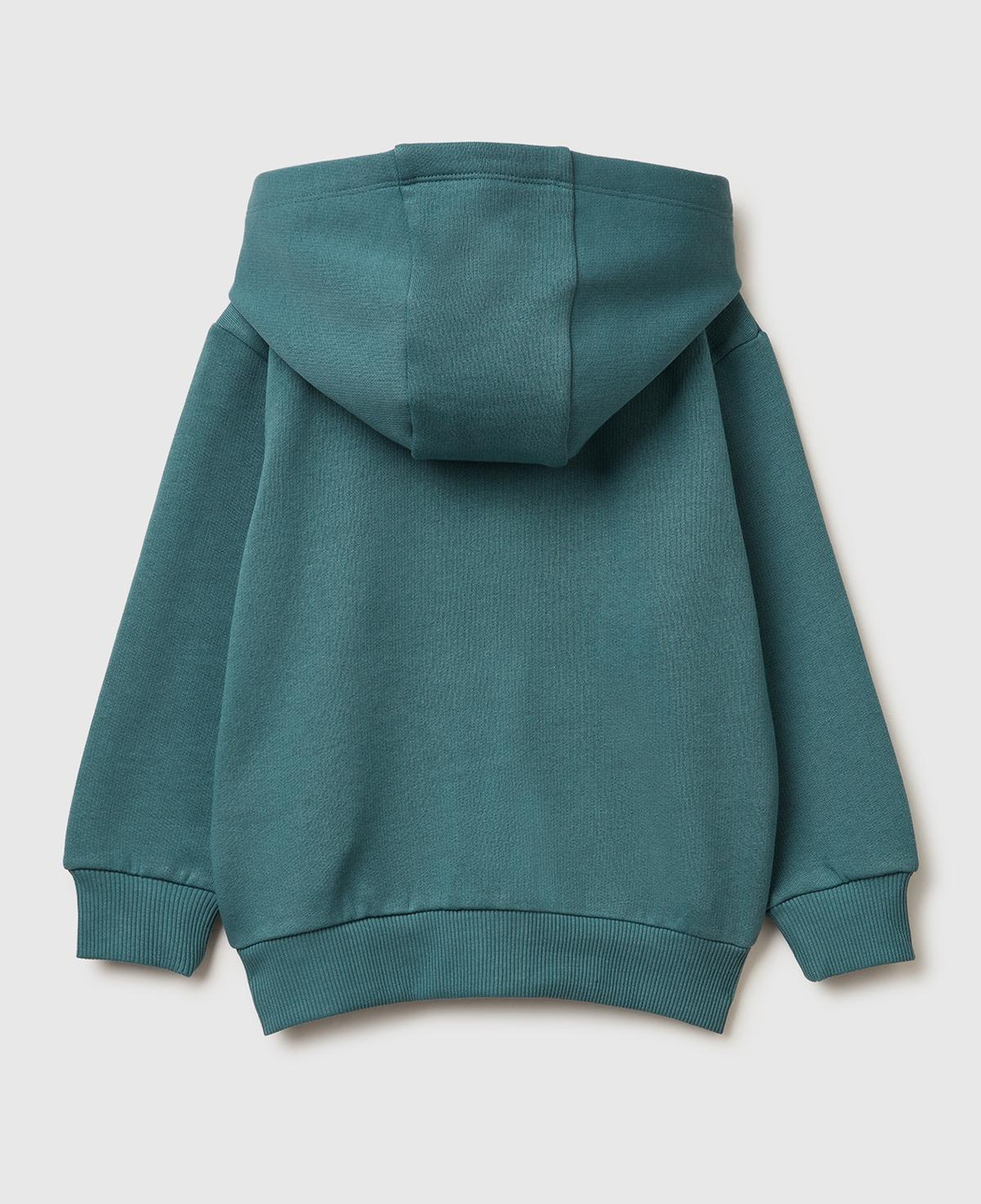 Erkek Çocuk Gri-Yeşil Arkası Baskılı Fermuarlı Ribanalı Kapüşonlu Şardonlu Sweatshirt