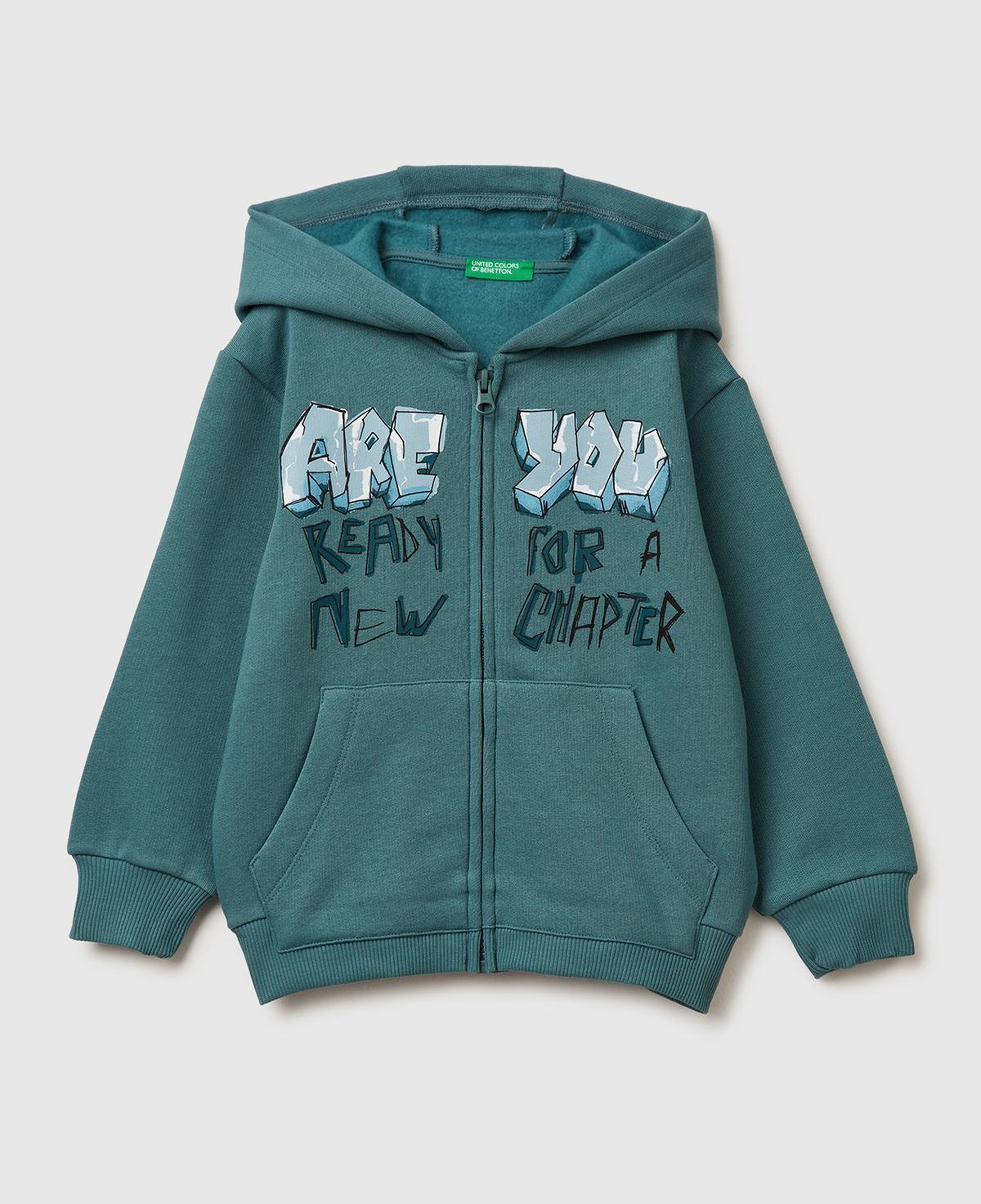Erkek Çocuk Gri-Yeşil Arkası Baskılı Fermuarlı Ribanalı Kapüşonlu Şardonlu Sweatshirt