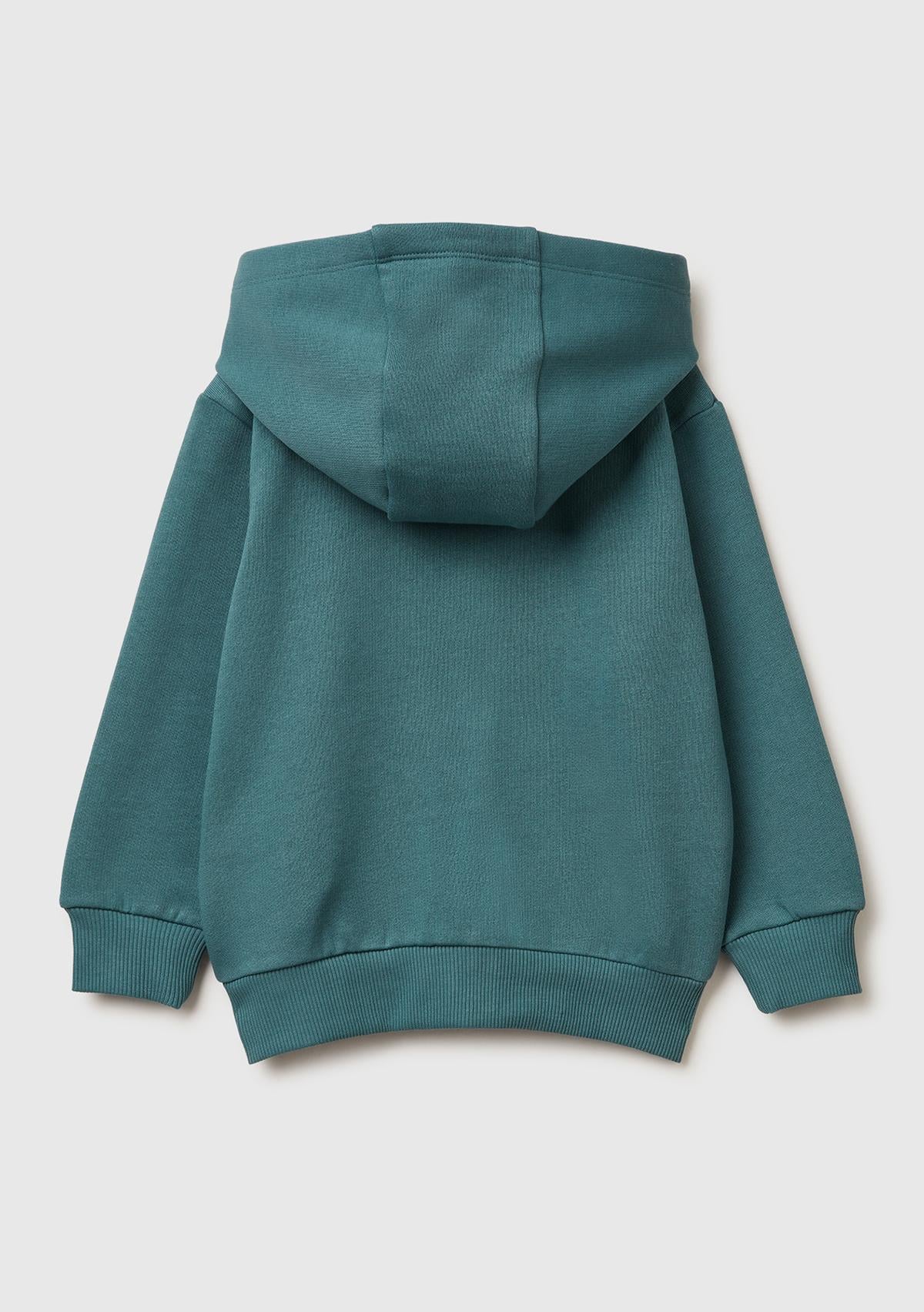 Erkek Çocuk Gri-Yeşil Arkası Baskılı Fermuarlı Ribanalı Kapüşonlu Şardonlu Sweatshirt