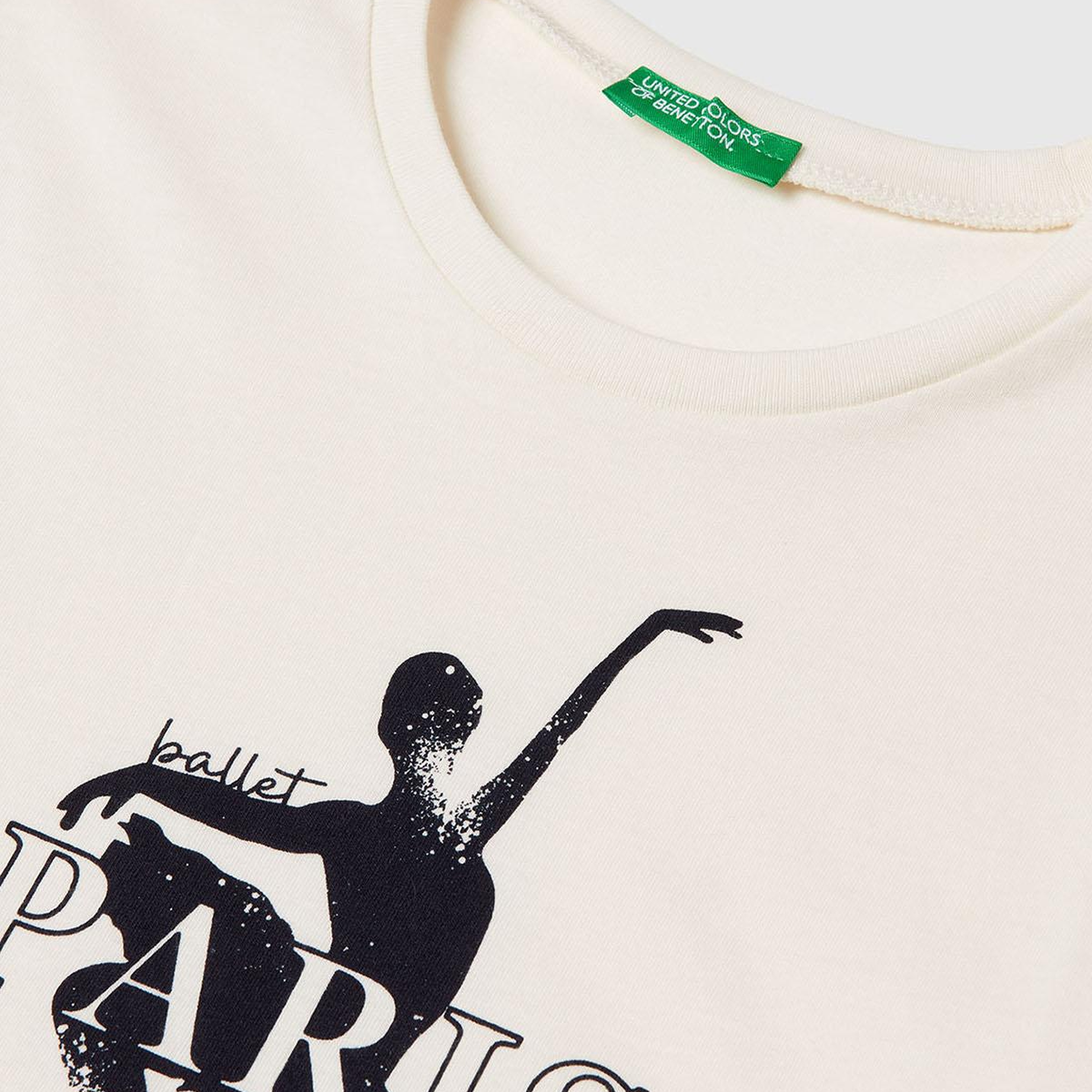 Kız Çocuk Krem Önü Baskılı Ribana Yakalı Relaxed Fit Uzun Kollu T-shirt