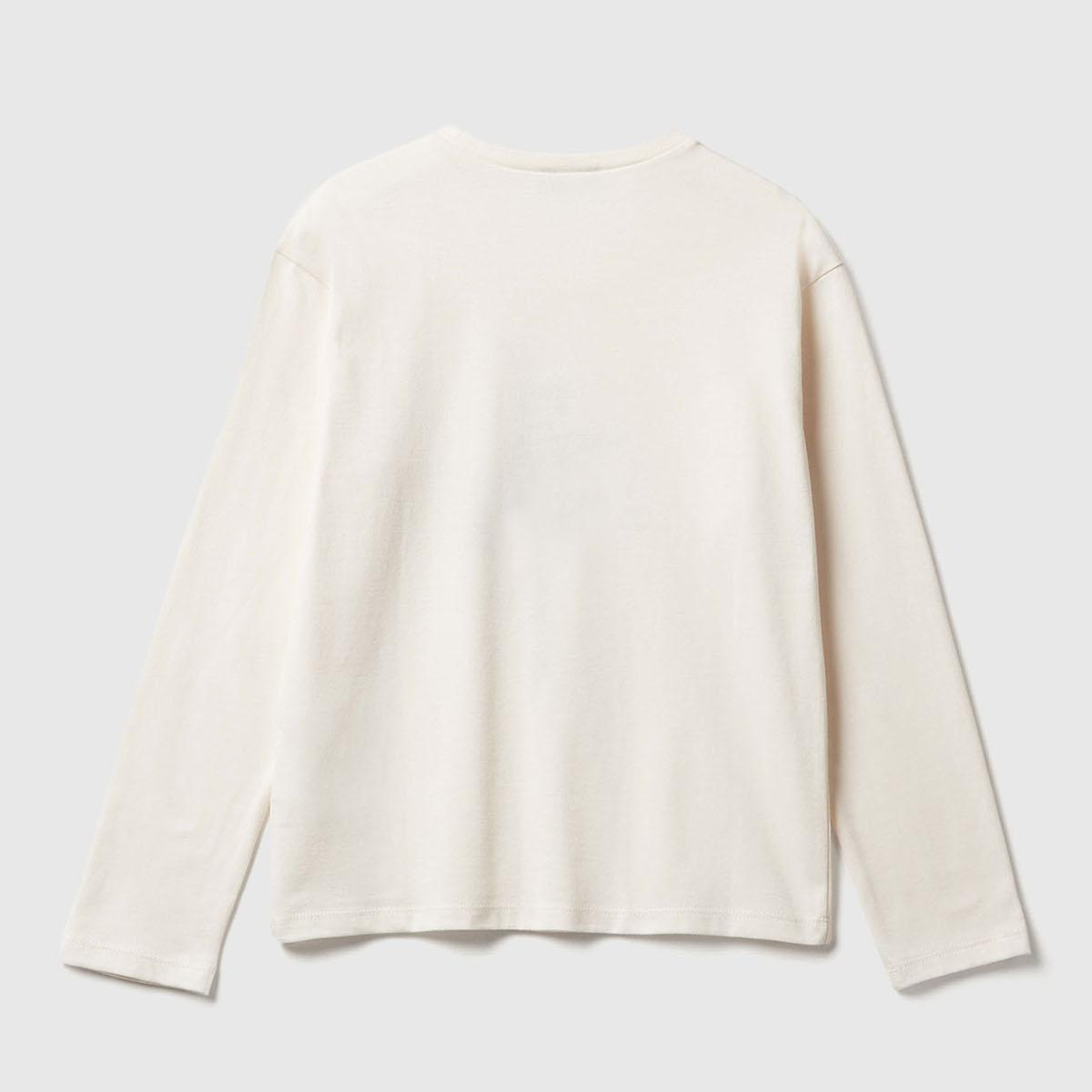 Kız Çocuk Krem Önü Baskılı Ribana Yakalı Relaxed Fit Uzun Kollu T-shirt