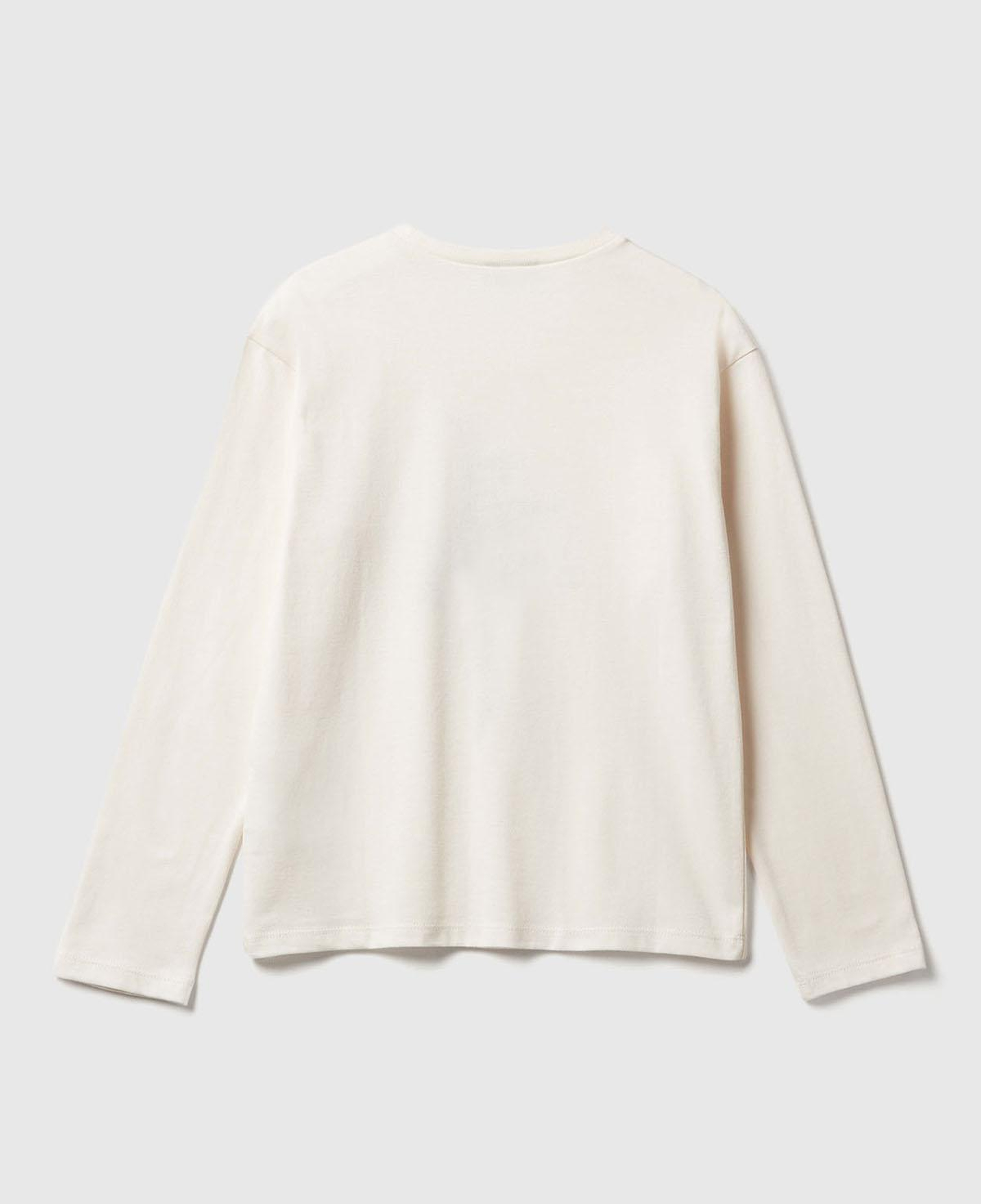 Kız Çocuk Krem Önü Baskılı Ribana Yakalı Relaxed Fit Uzun Kollu T-shirt